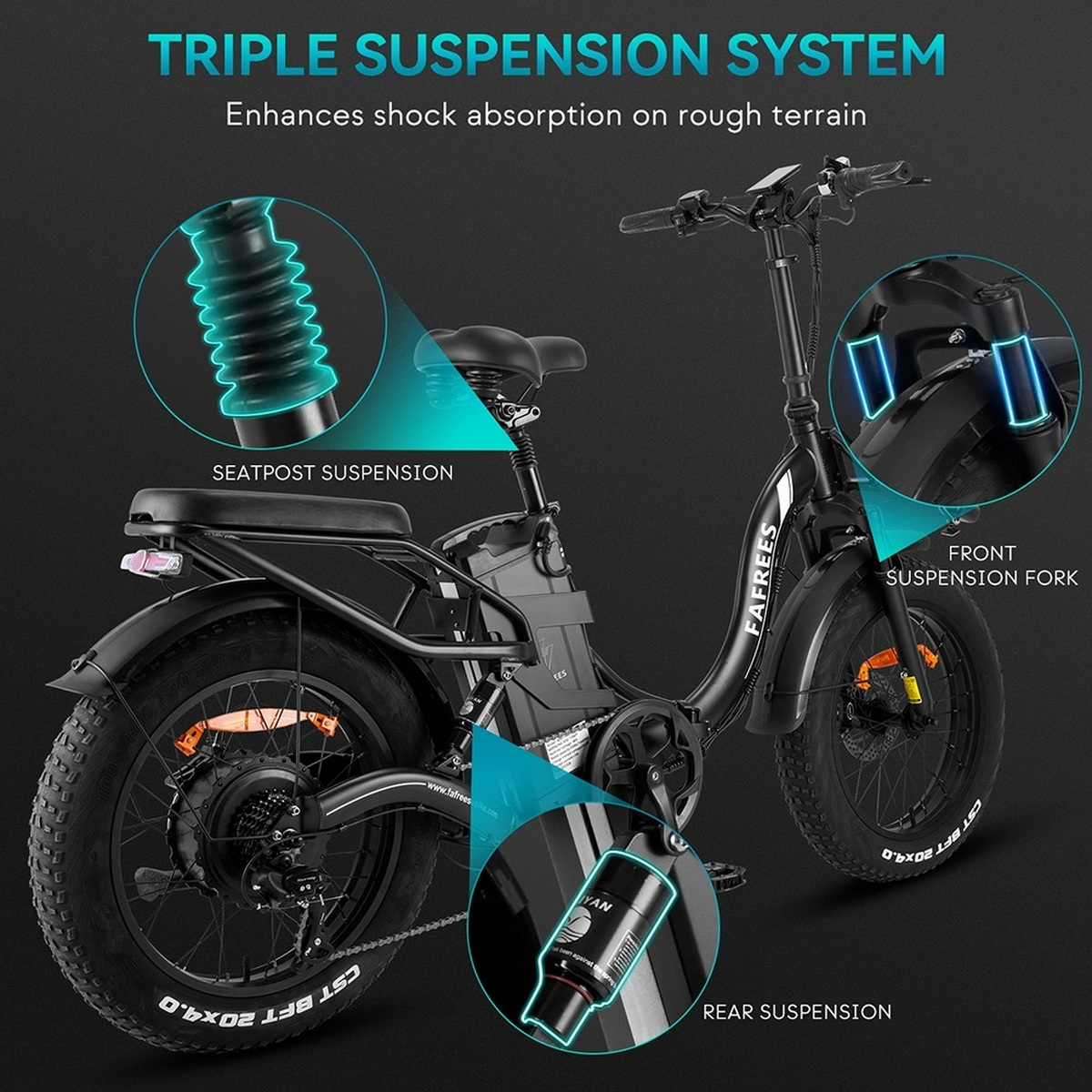 Schwarzes E-Bike mit Dreifachfederungssystem auf dunklem Hintergrund.