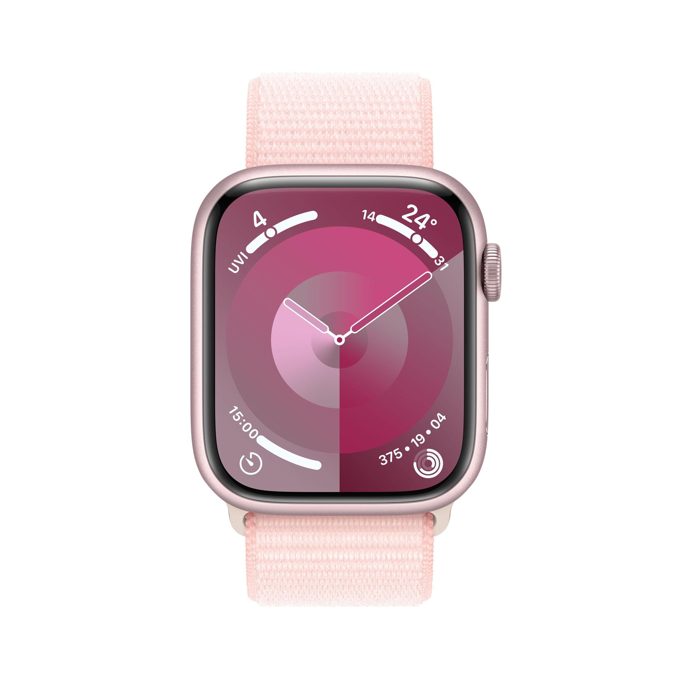 Eine Apple Watch mit pinkfarbenem Armband, die Zeit- und Aktivitätsdaten anzeigt.