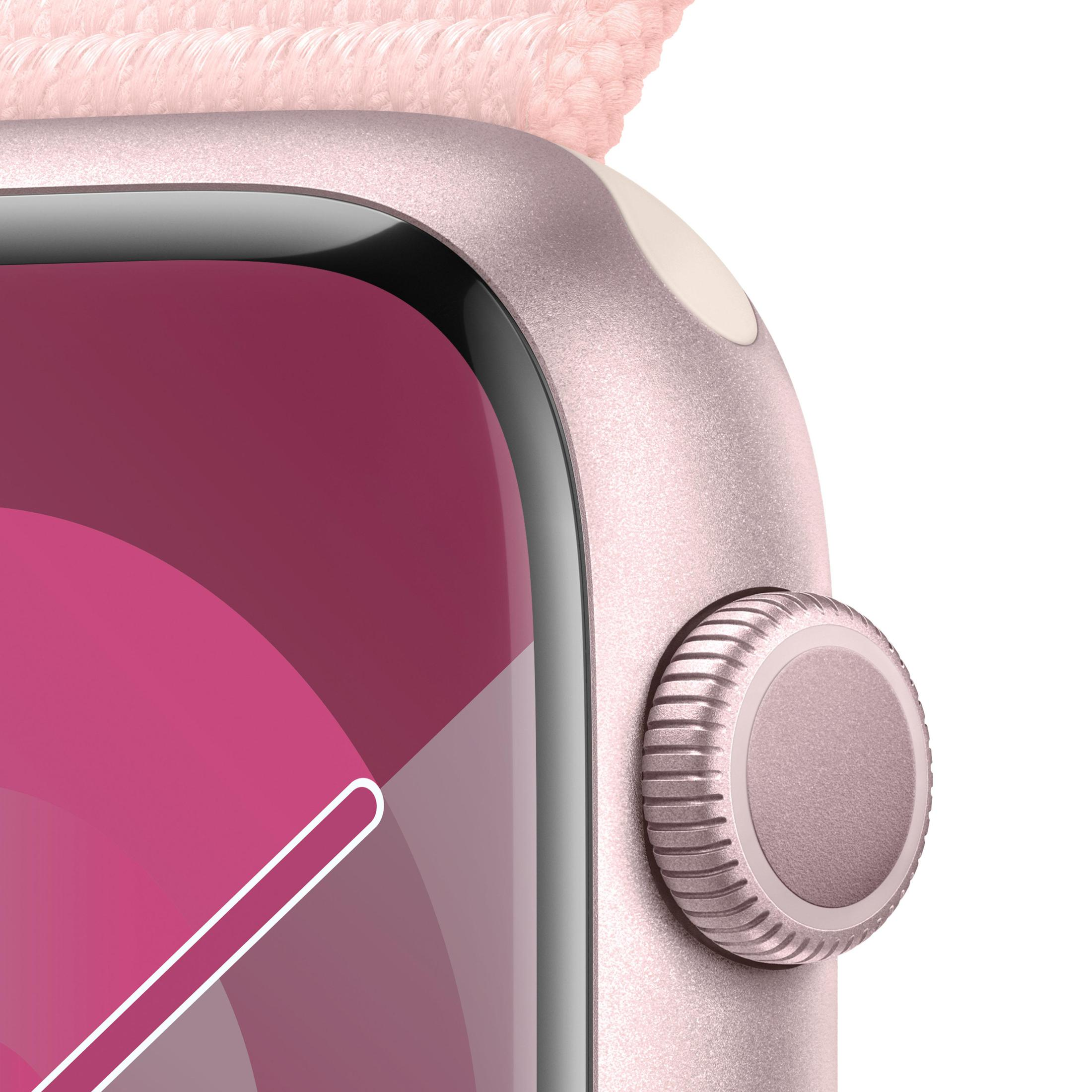 Nahaufnahme einer roségoldenen Apple Watch. Ein pinkes Armband ist sichtbar, das Zifferblatt ist teilweise zu sehen.