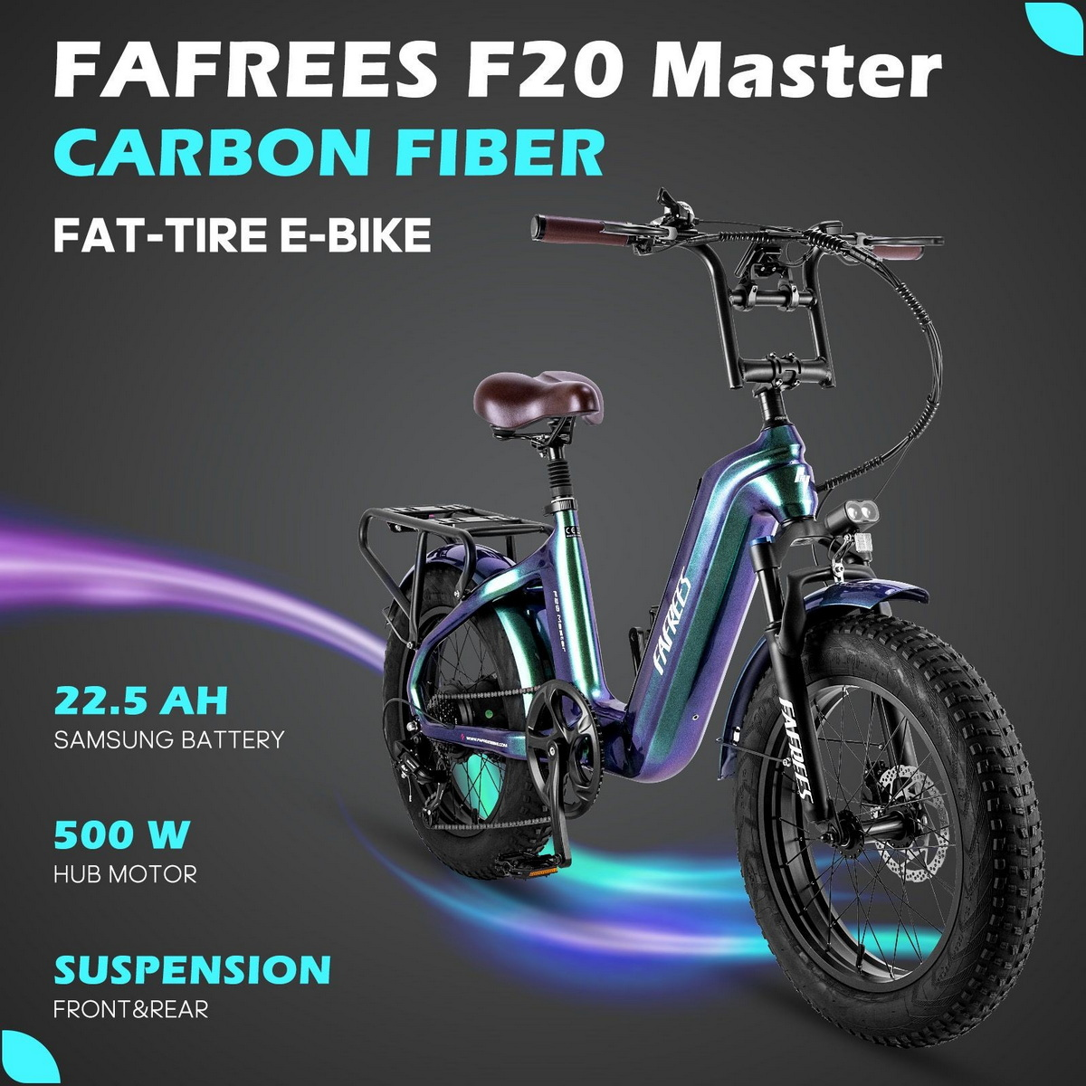 Blaues und lila Elektrofahrrad mit Text, schwarzer Hintergrund mit Diagramm der Federung.