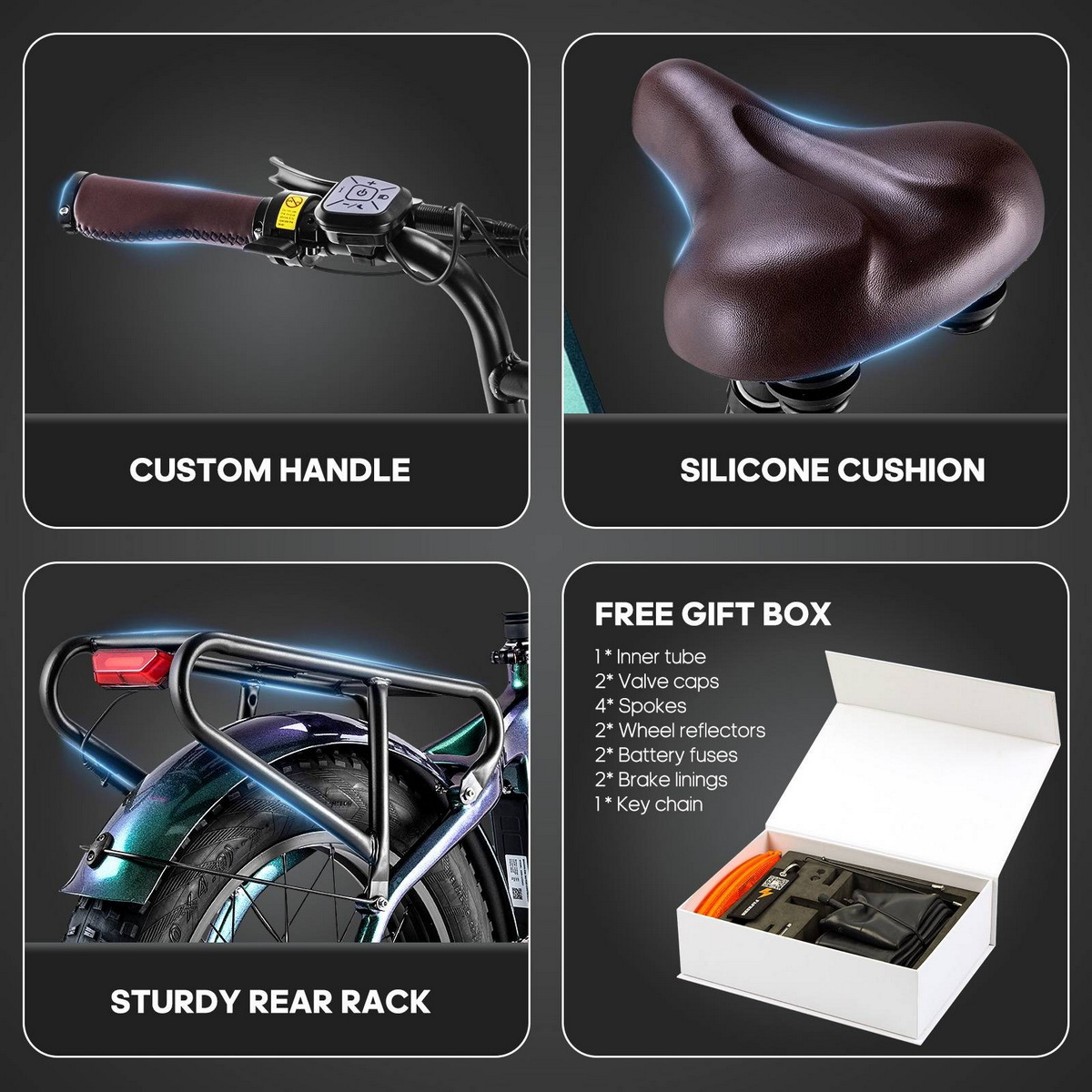 Fahrradteile, Lenker, Sattel, Gepäckträger und eine kostenlose Geschenkbox.