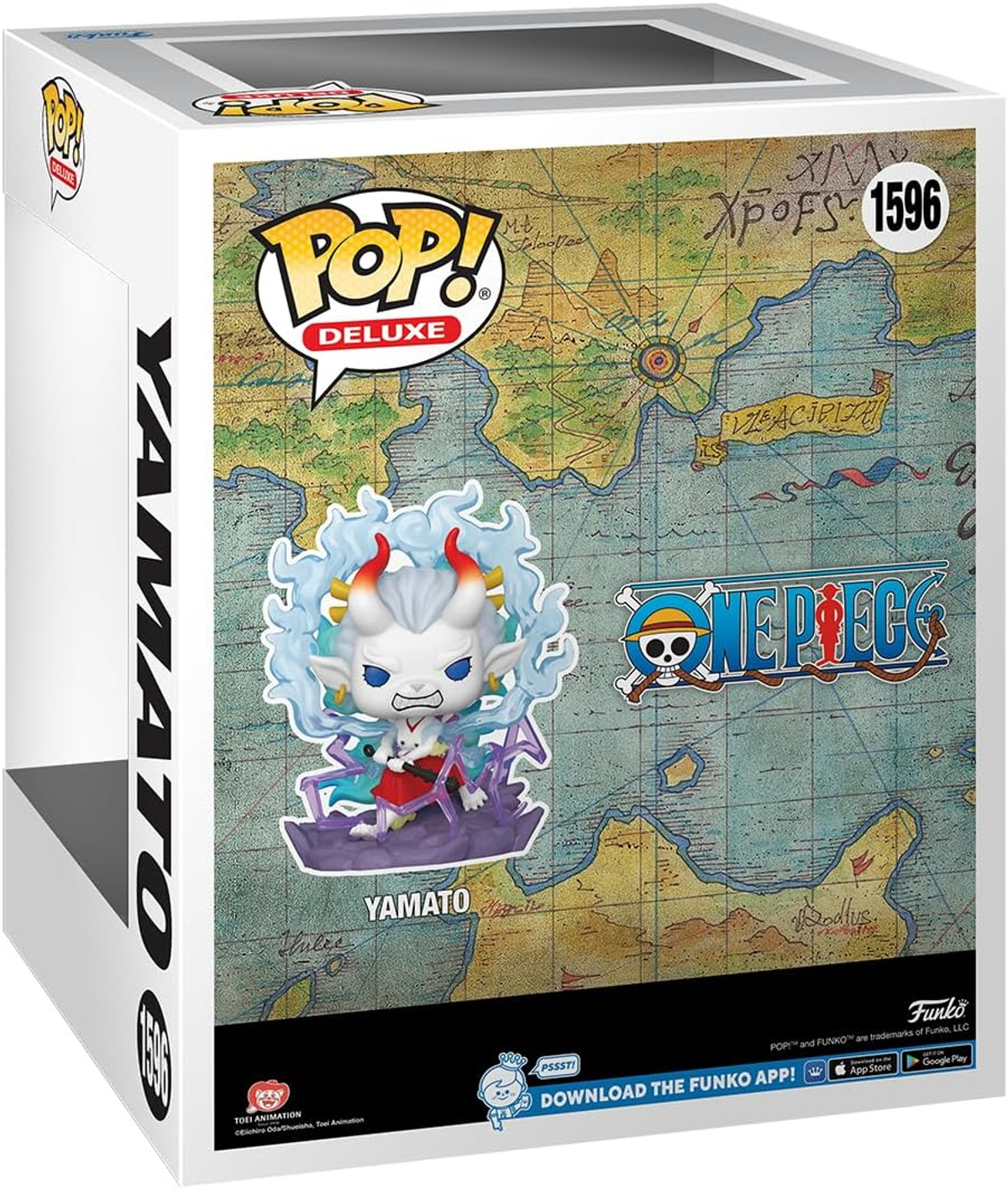 Eine Funko Pop Figur von Yamato aus One Piece in einer Box mit Kartenhintergrund.