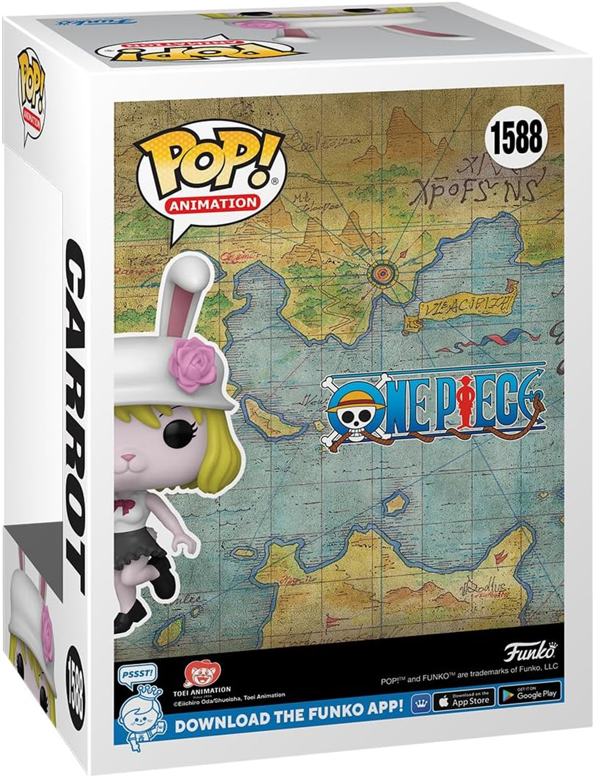 Scatola Funko Pop con un personaggio dei cartoni animati su uno sfondo di mappa. La scatola è bianca.