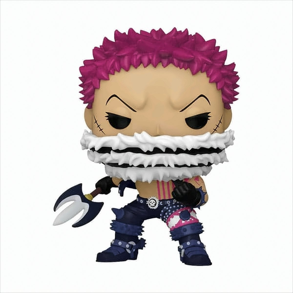 Funko Pop figure of a character with spiky pink hair and a weapon.
