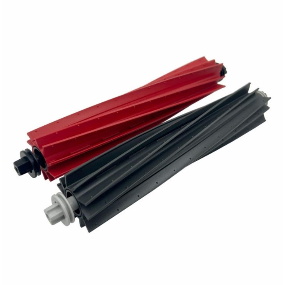 Zwei rote und schwarze Staubsaugerbürsten. Winkelansicht, weißer Hintergrund.