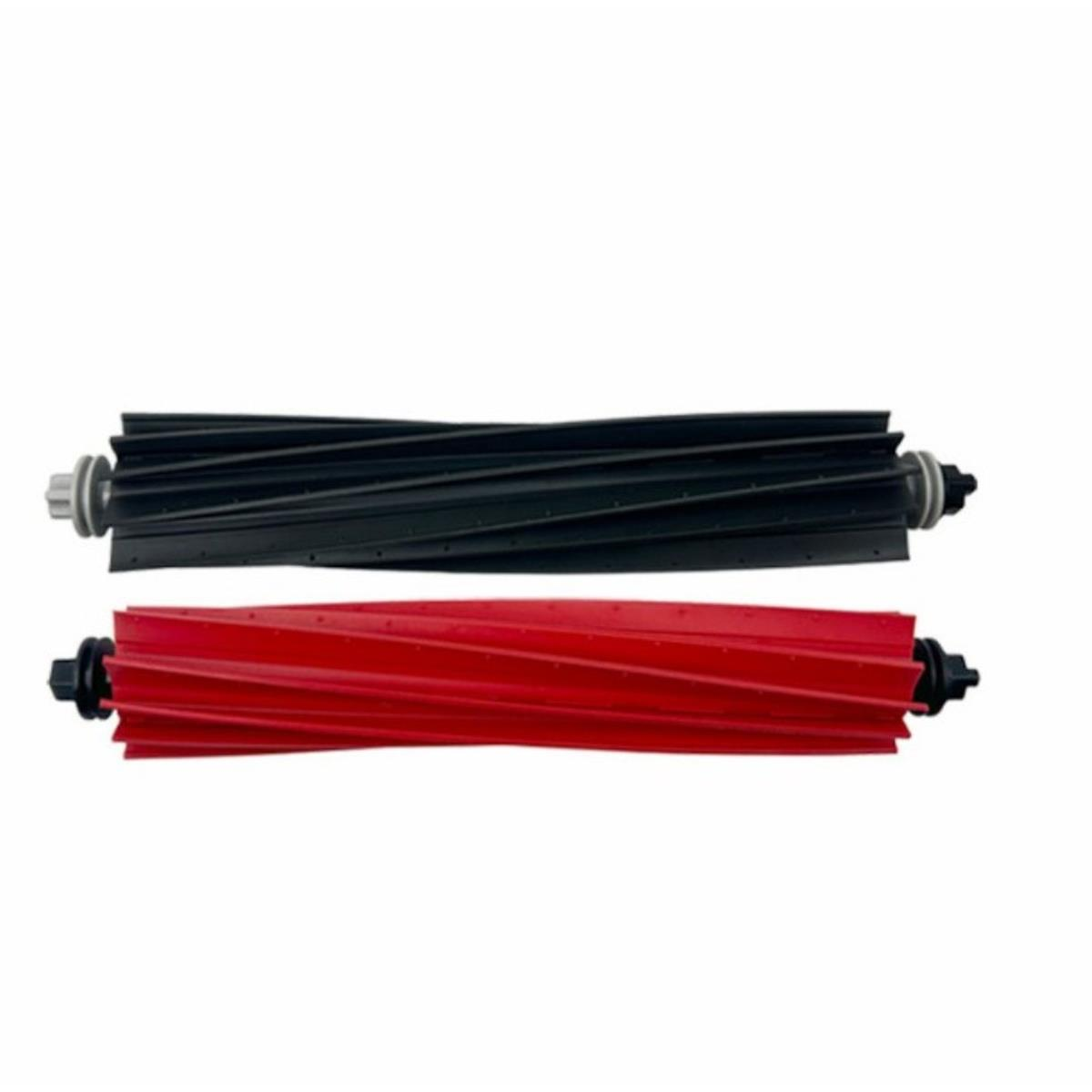 Zwei Staubsaugerbürstenrollen, eine rot, eine schwarz, beide mit geripptem Design.