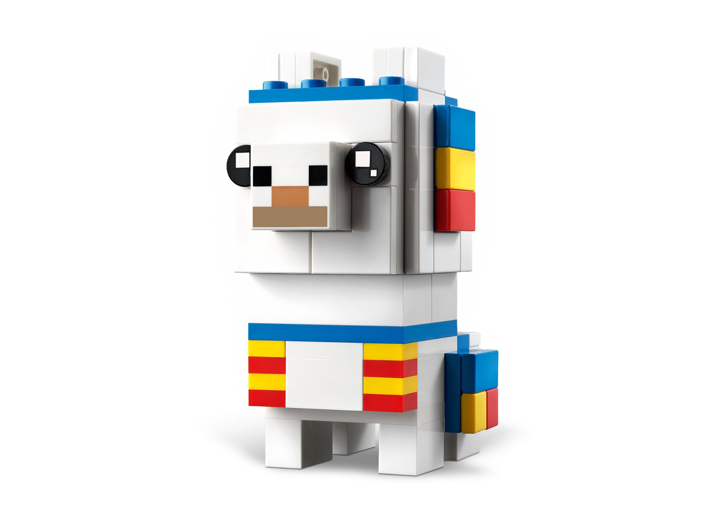 Ein Lego-Lama-Modell, aus weißen Blöcken mit farbenfrohen Details. Es steht aufrecht vor weißem Hintergrund.