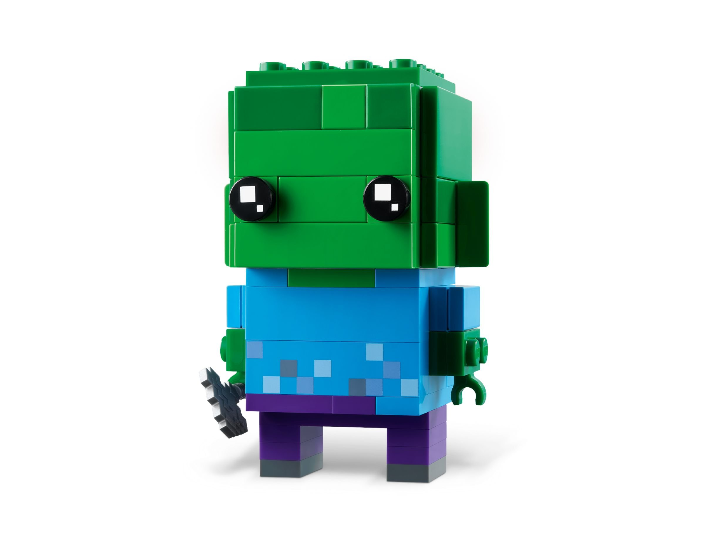 Lego Minecraft Zombie-Figur mit grünen und blauen Blöcken.