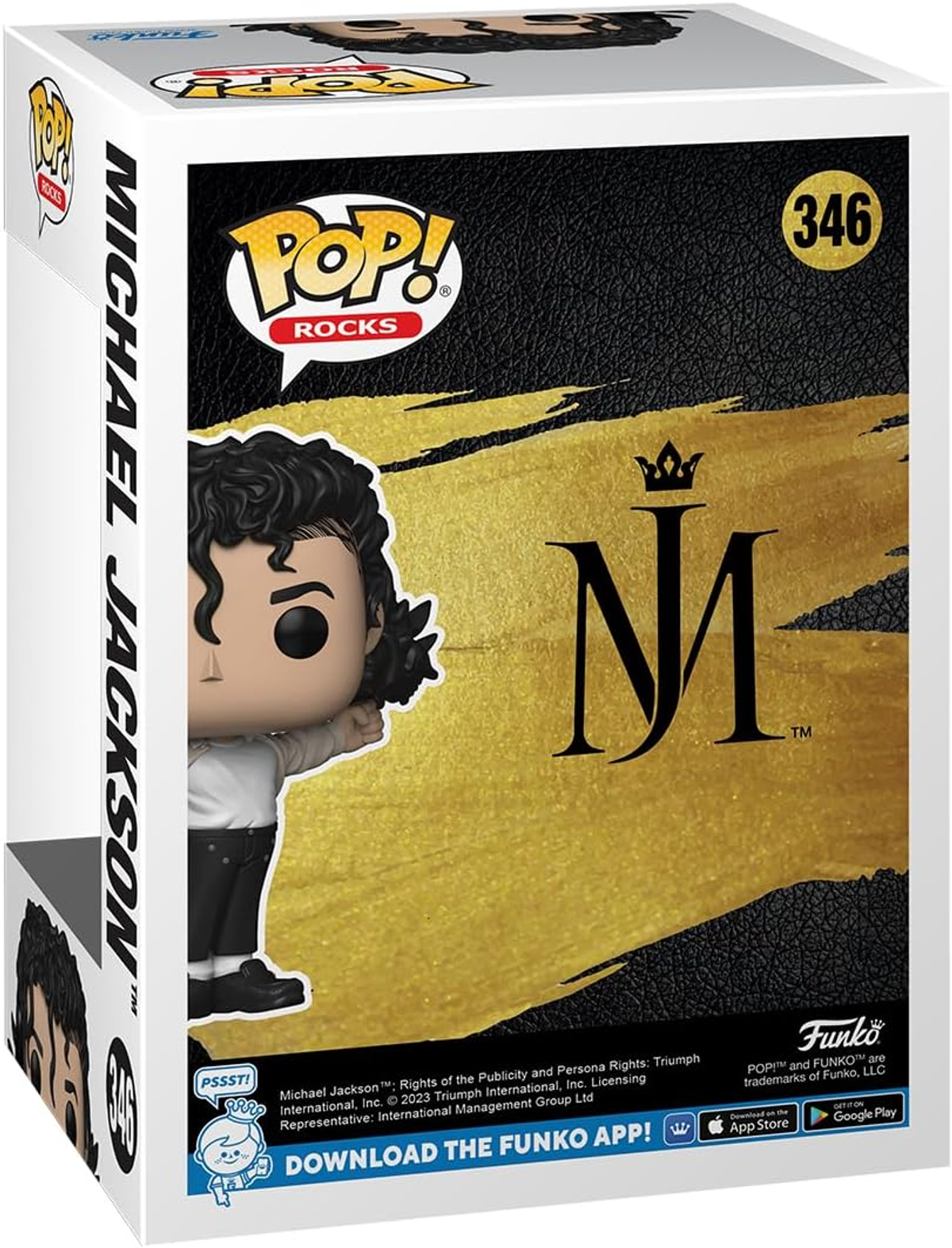 Pop! Rocks Michael Jackson Figurbox. Weiße Box mit MJ-Bild und Goldakzenten, Pop! Logo.