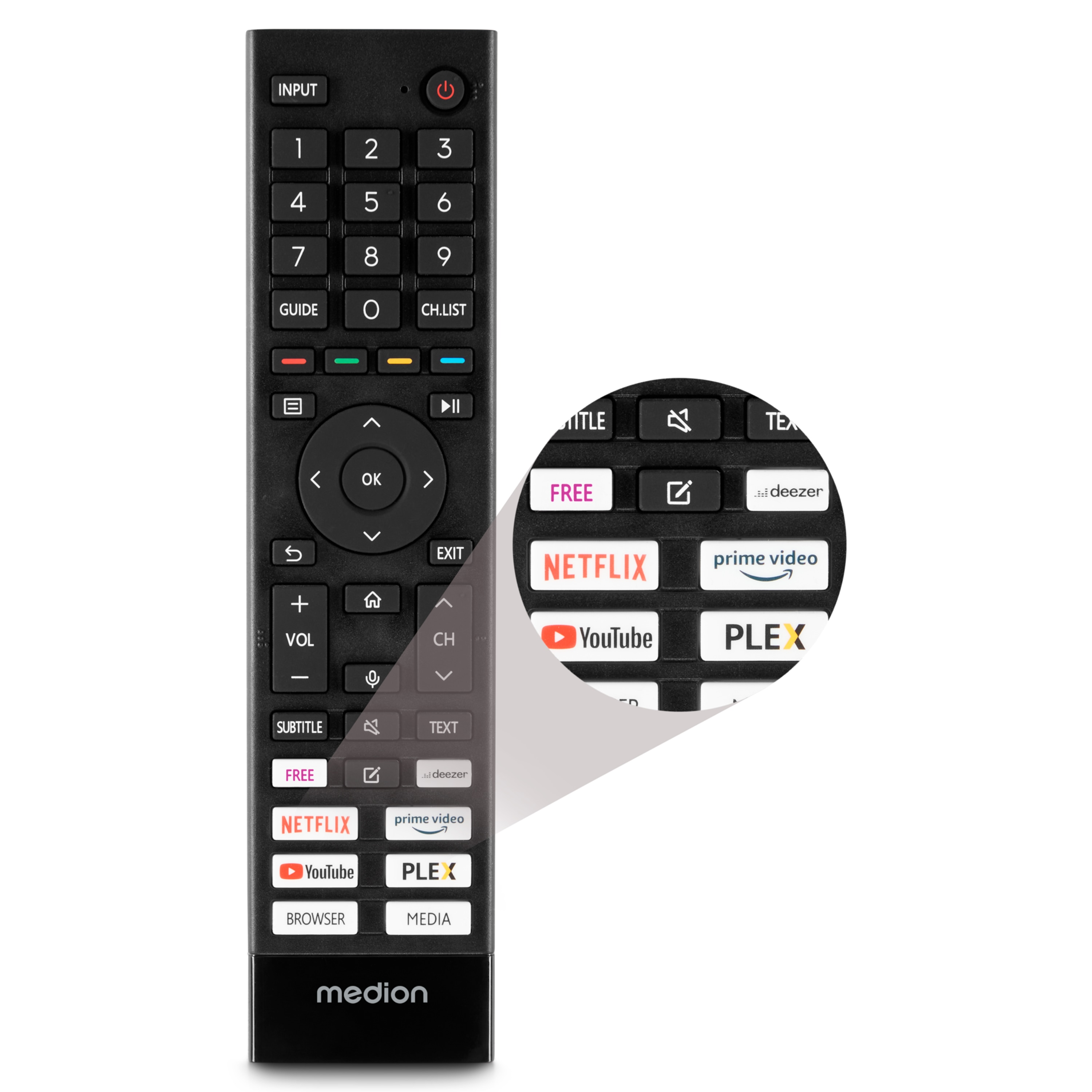 Schwarze Fernbedienung mit verschiedenen Tasten und Streaming-App-Symbolen.