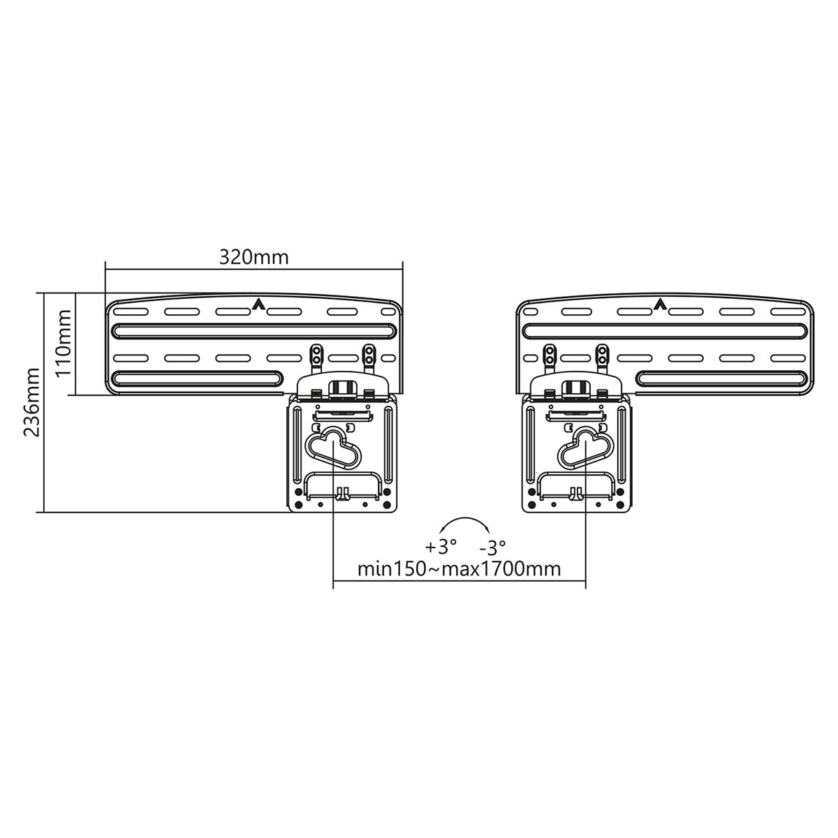 Disegno tecnico di un supporto a muro con dimensioni: larghezza 320mm, altezza 236mm, profondità 110mm.