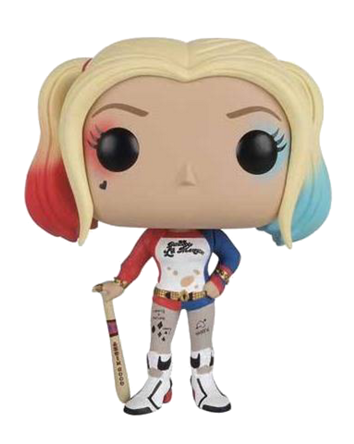 Harley Quinn Figur. Sie hat blonde Zöpfe, eine rot/blaue Jacke und einen Baseballschläger. Schwarzer Hintergrund.