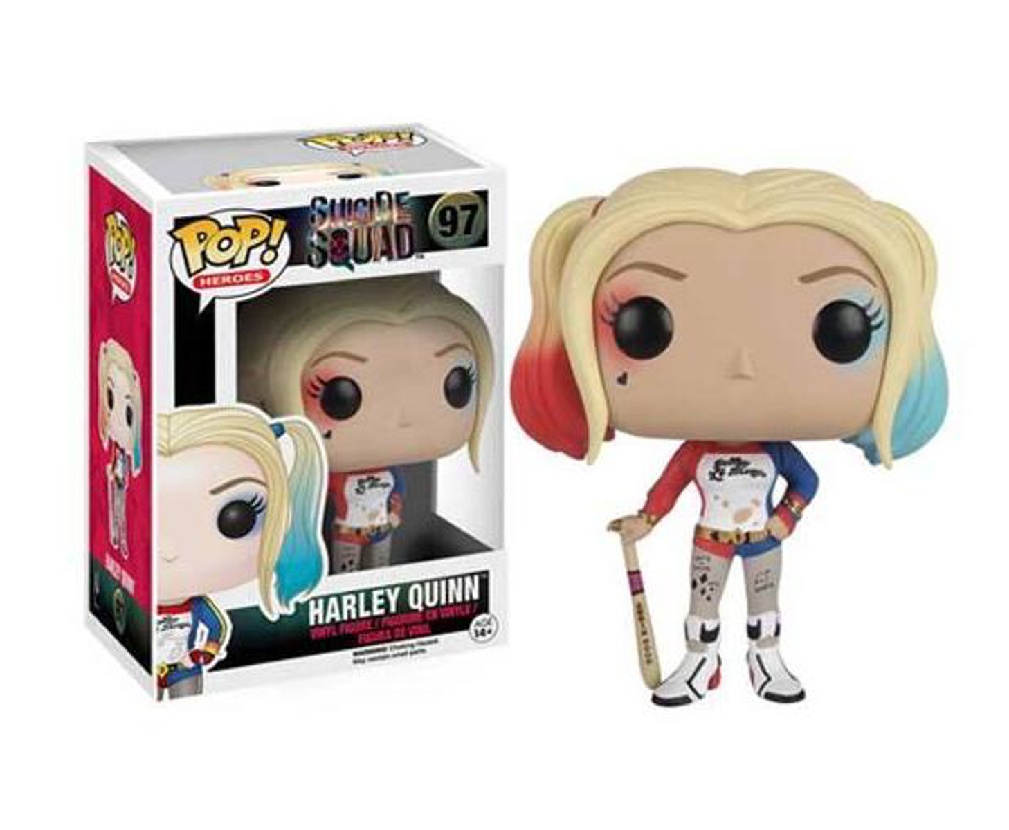 Harley Quinn Funko Pop Figur in und außerhalb der Box. Sie hat Zöpfe, hält einen Schläger und trägt ihr Kostüm.