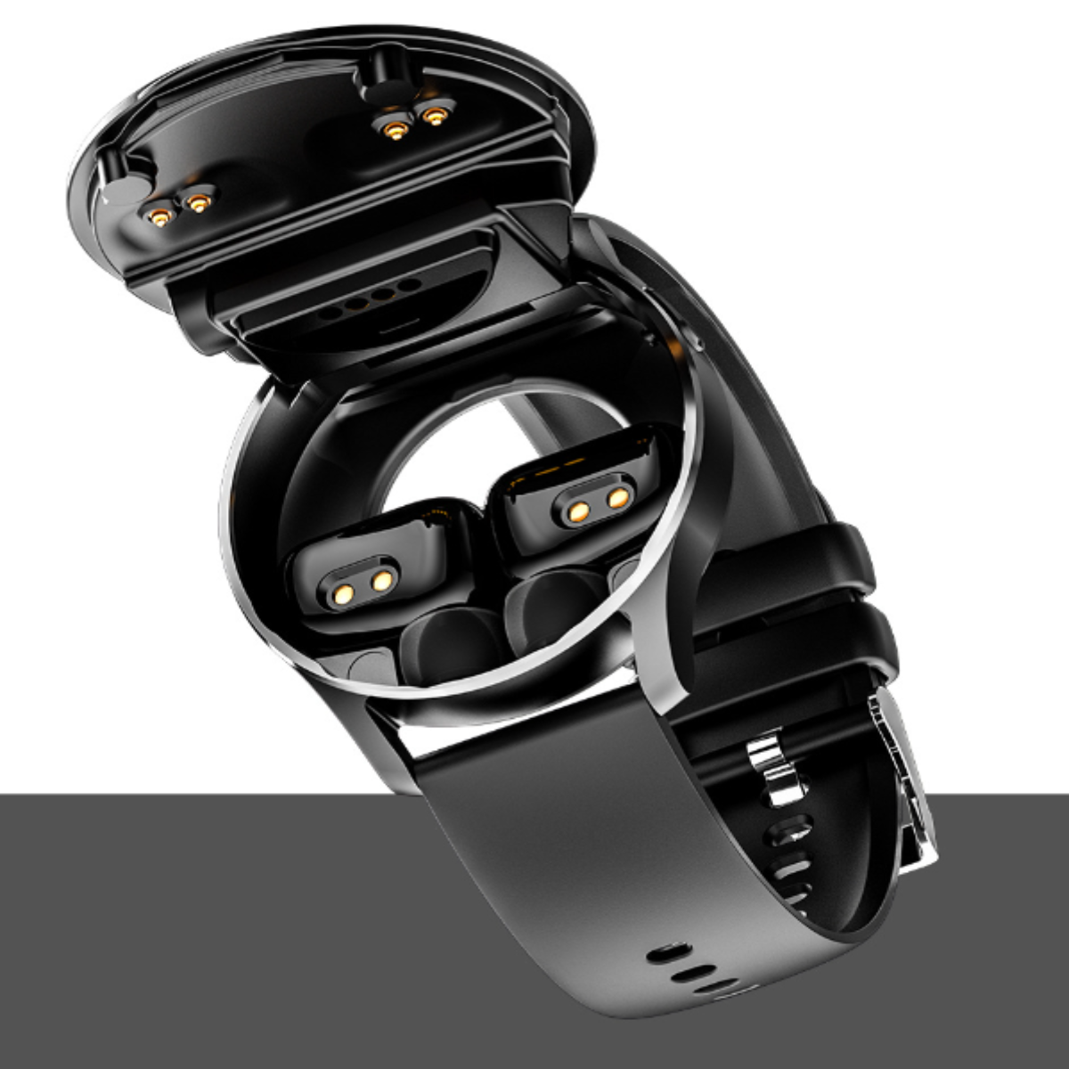 Eine schwarze Smartwatch, die interne Komponenten zeigt, offen, mit sichtbarem Armband.