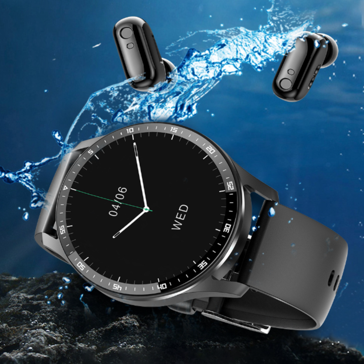Schwarze Smartwatch und kabellose Ohrhörer, Wasserspritzer im Hintergrund.
