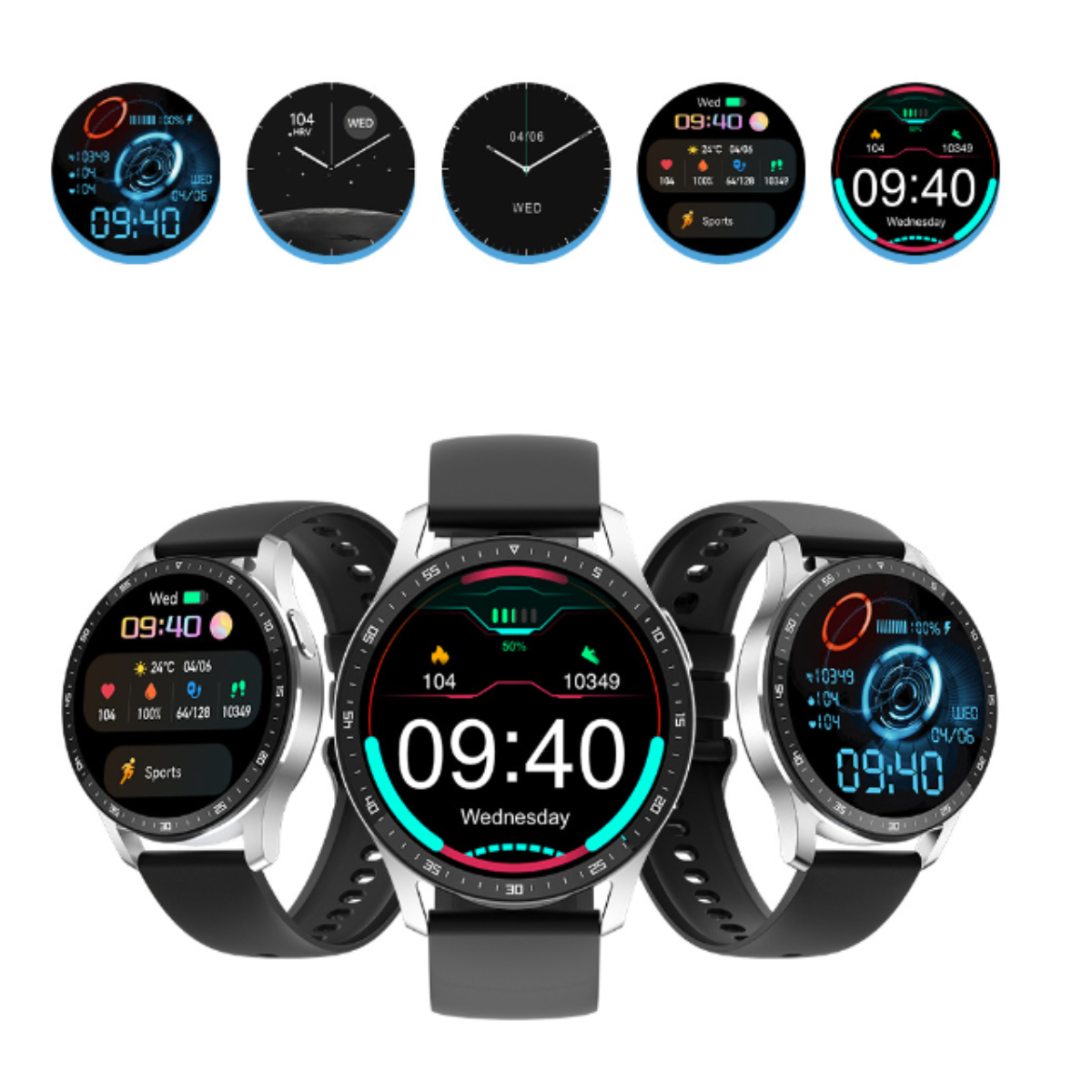 Drei Smartwatches mit schwarzen Armbändern und Displays, die Zeit und verschiedene Daten anzeigen.