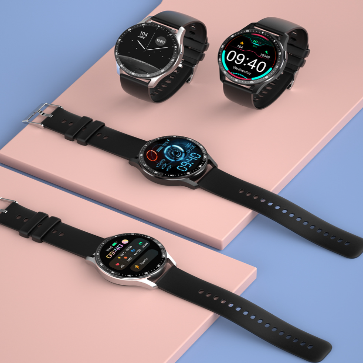 Drei schwarze Smartwatches mit verschiedenen Displays, vor einem rosa-blauen Farbverlaufshintergrund.