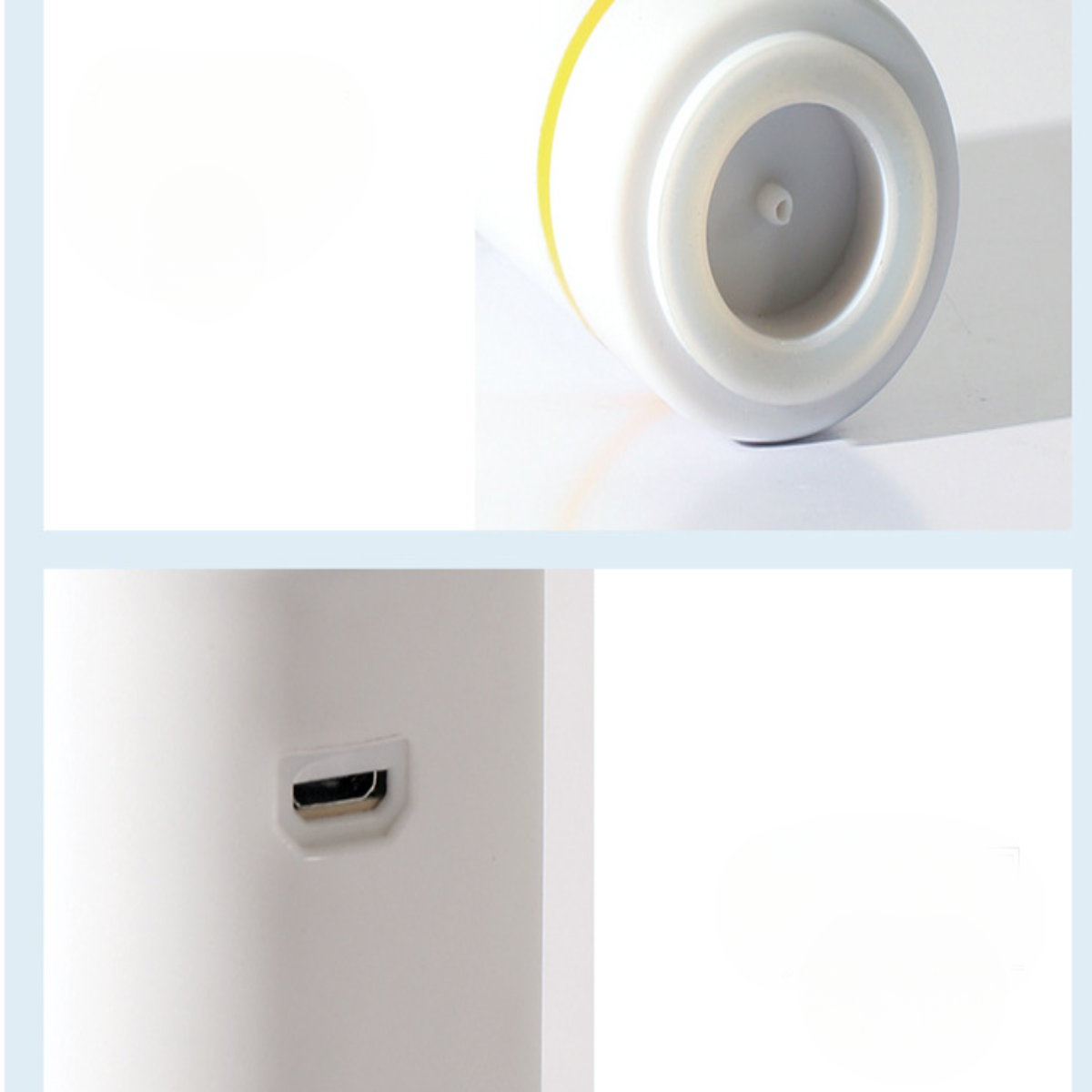 Nahaufnahme des Bodens einer weißen Flasche, mit sichtbarem USB-Anschluss.