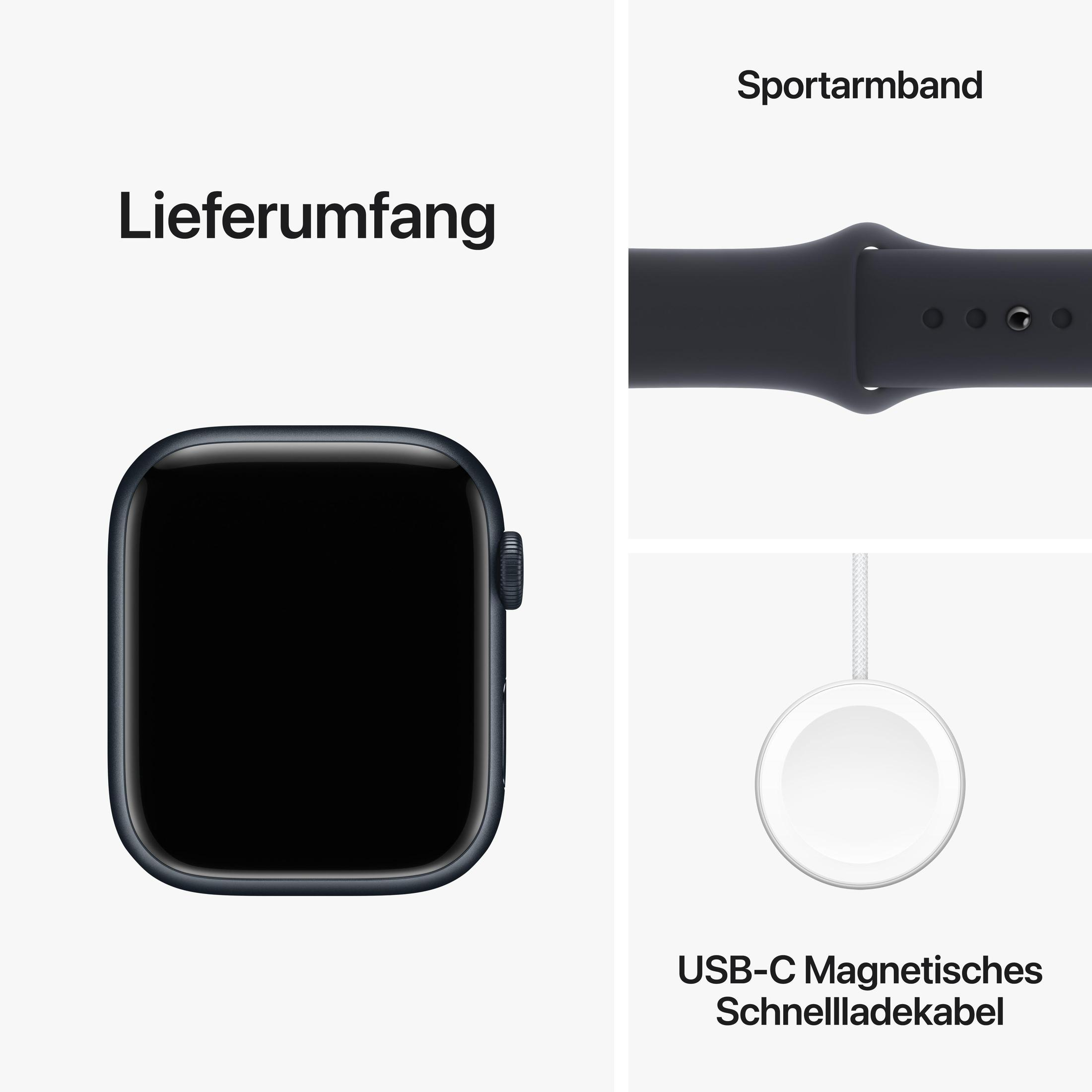 Apple Watch, sportowy pasek i kabel ładujący. Zegarek ma czarny ekran i ciemny pasek.