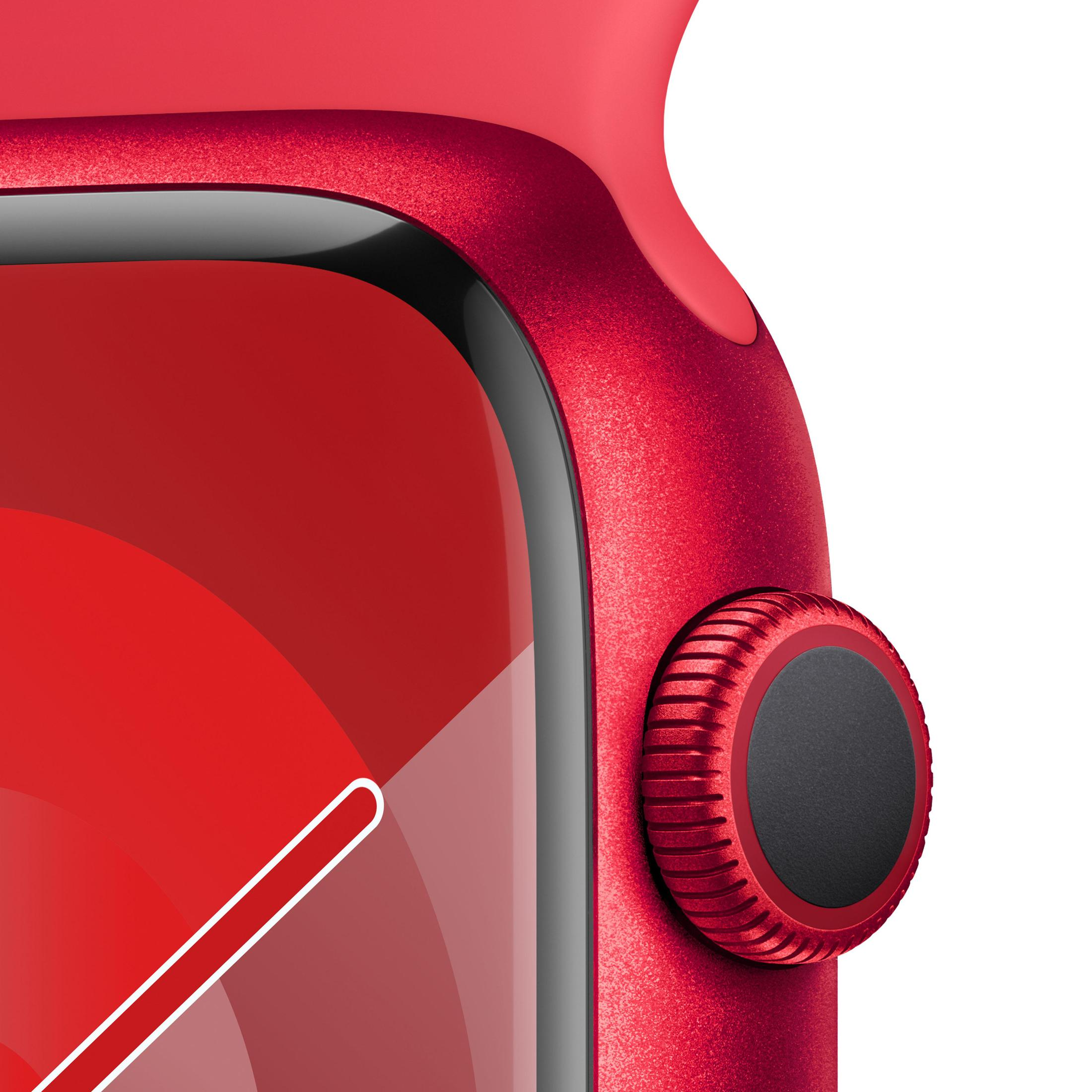 Nahaufnahme der Apple Watch. Rotes Gehäuse und Zifferblatt. Schwarze digitale Krone sichtbar.