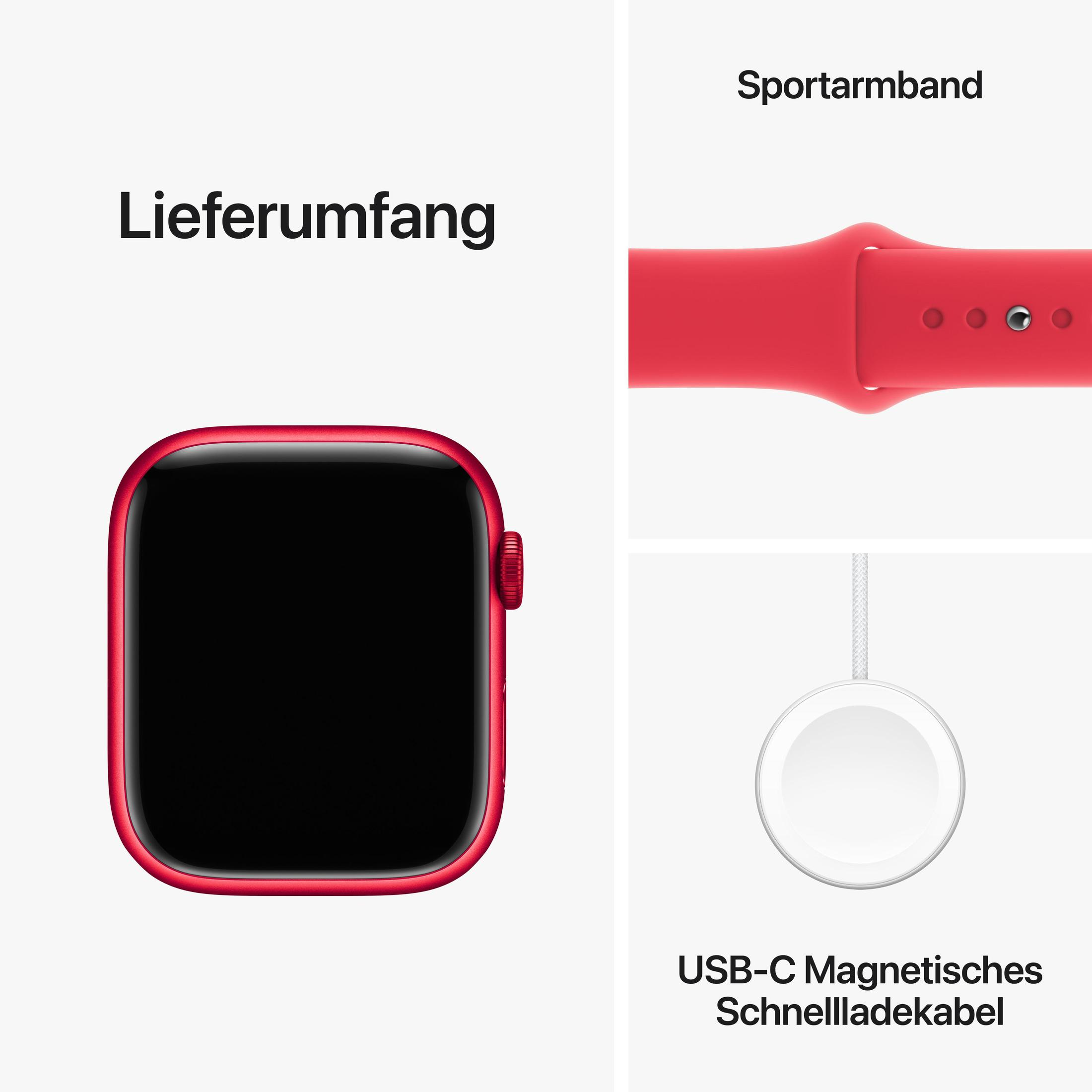 Czerwony Apple Watch, czerwony pasek i ładowarka USB-C na białym tle.