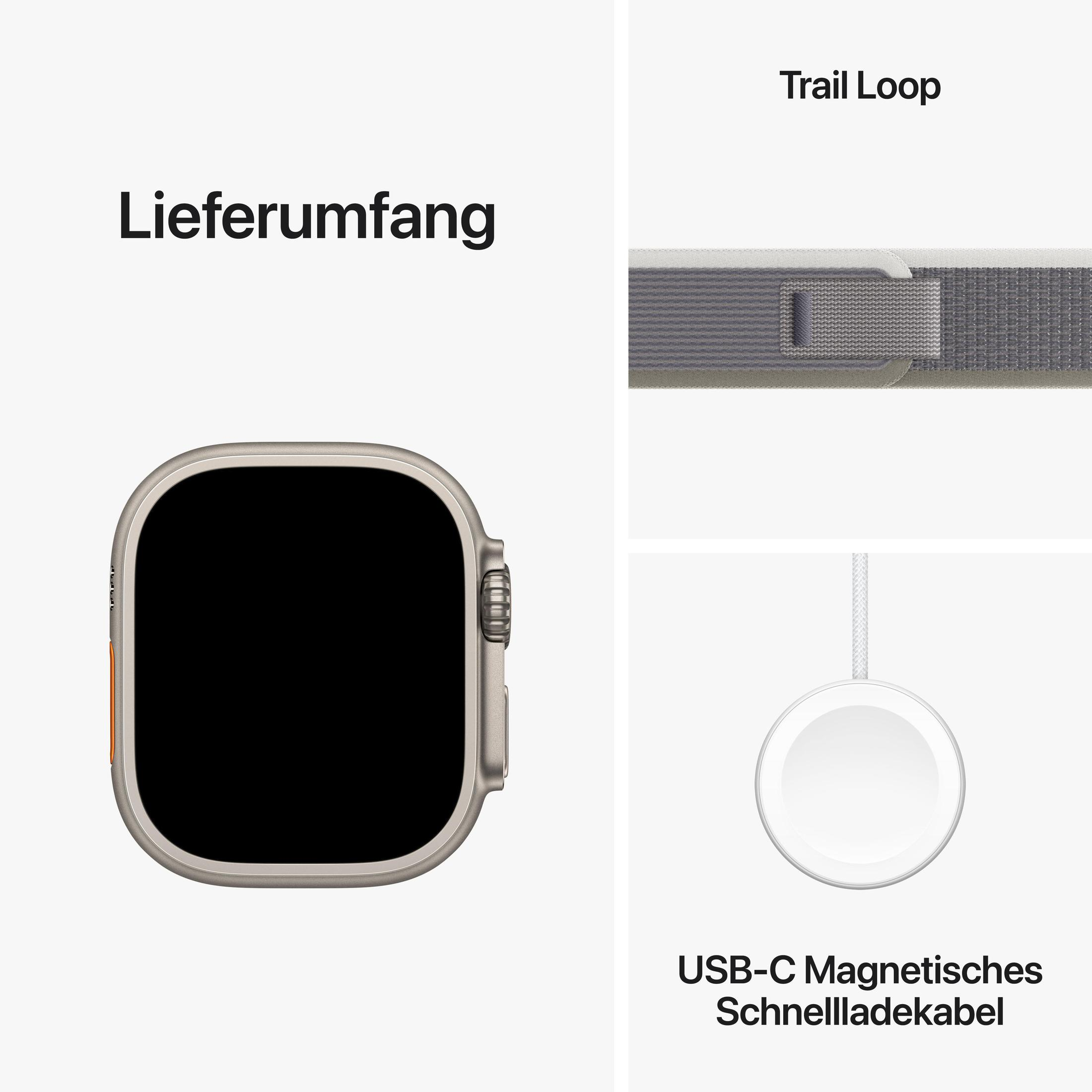 Apple Watch mit grauem Armband und Ladekabel. Das Zifferblatt ist schwarz.