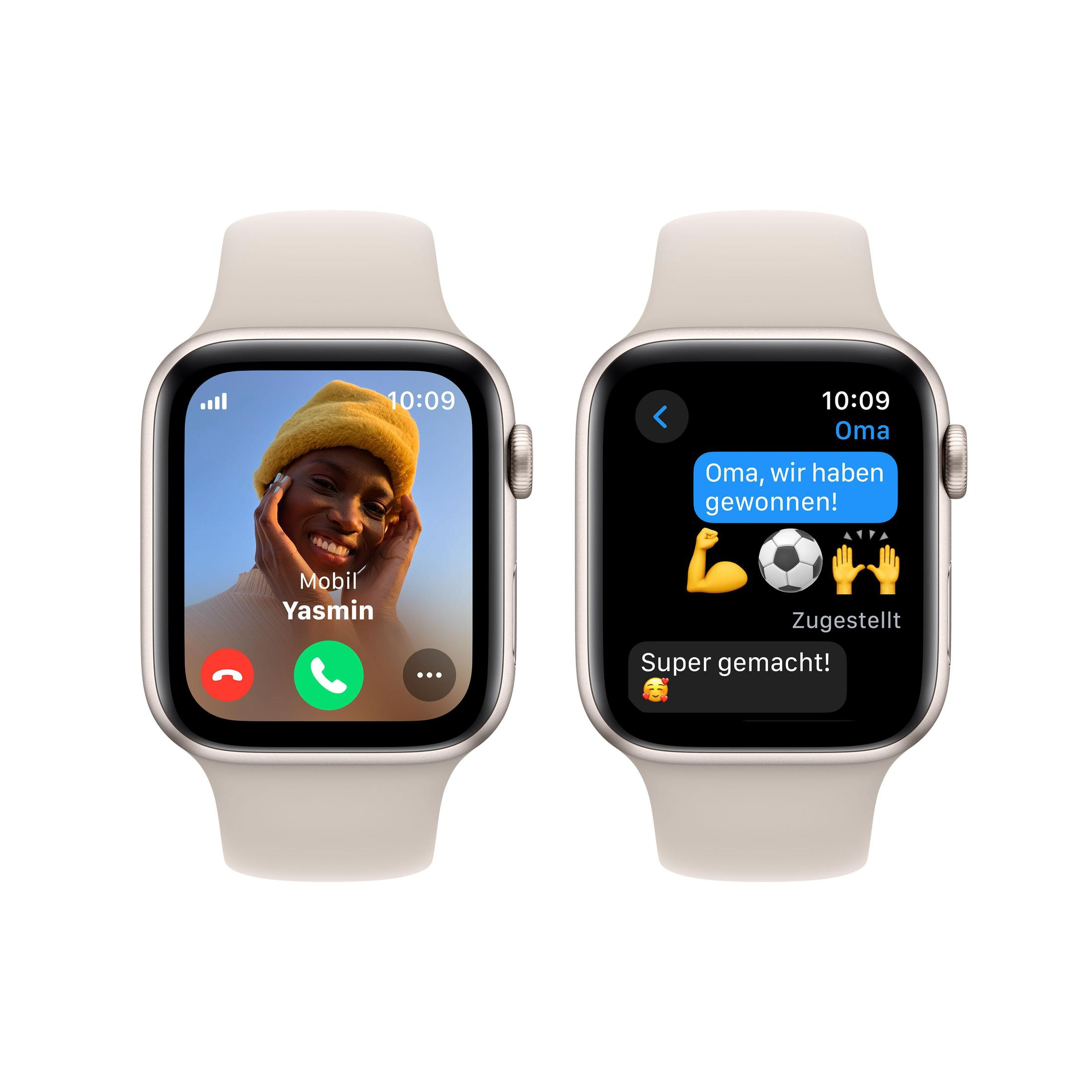 Zwei Apple Watches. Eine zeigt einen Anruf von Yasmin. Die andere zeigt eine Nachricht von Oma.