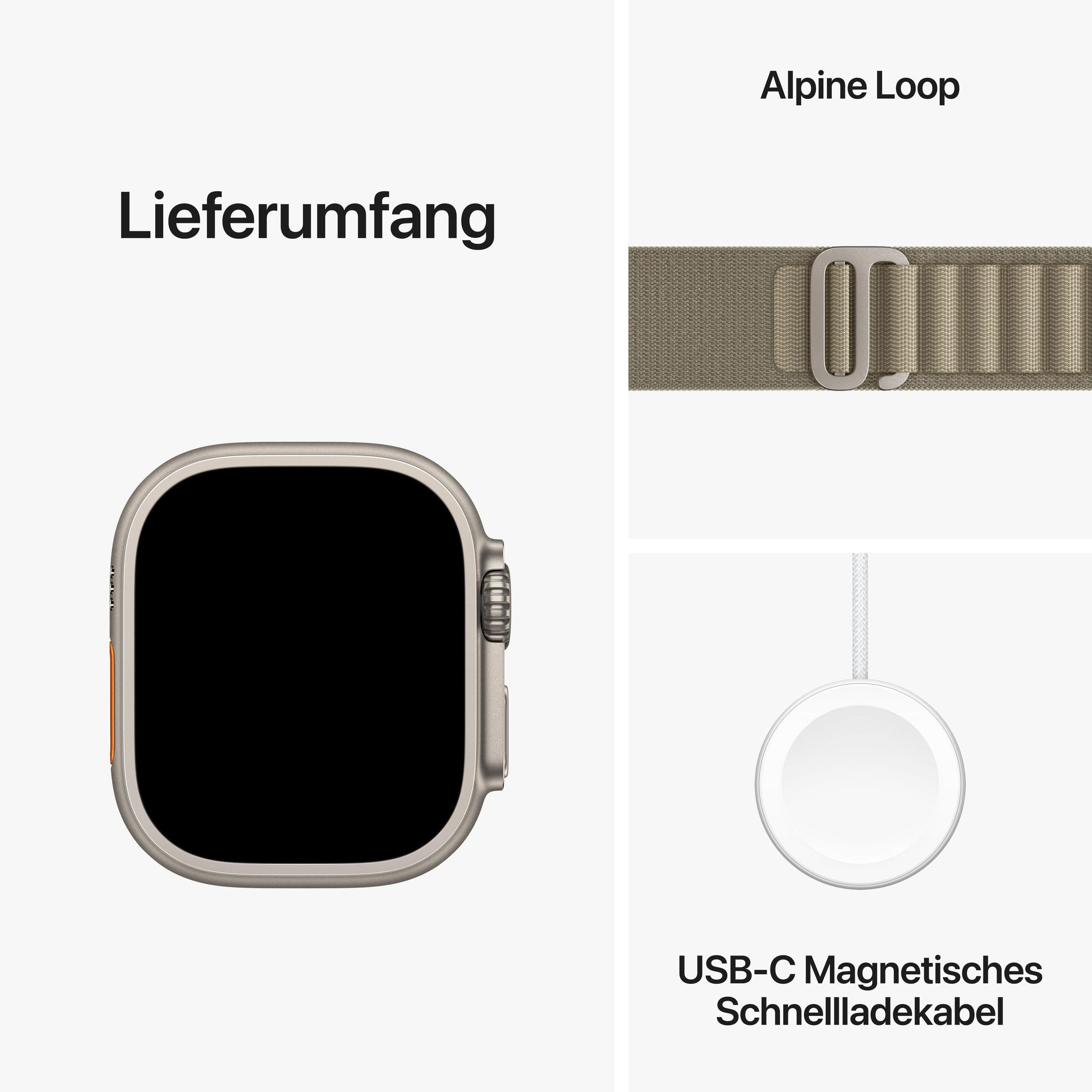 Silberne Apple Watch, olivfarbenes Armband und Ladegerät. Text: Lieferumfang, Alpine Loop und USB-C Magnetisches Schnellladekabel.