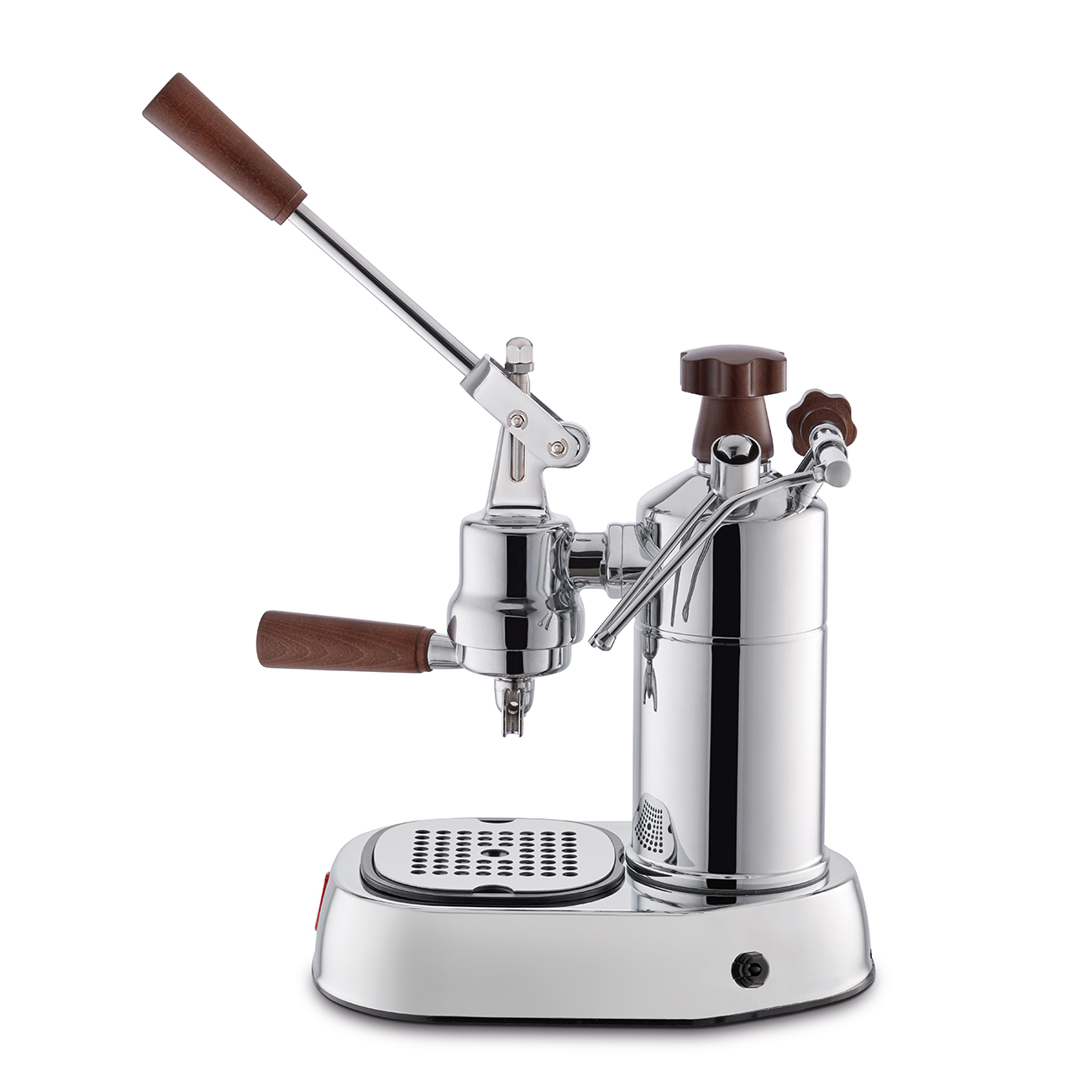 Silber-braune manuelle Espressomaschine mit Hebel und Holzgriffen, weißer Hintergrund.