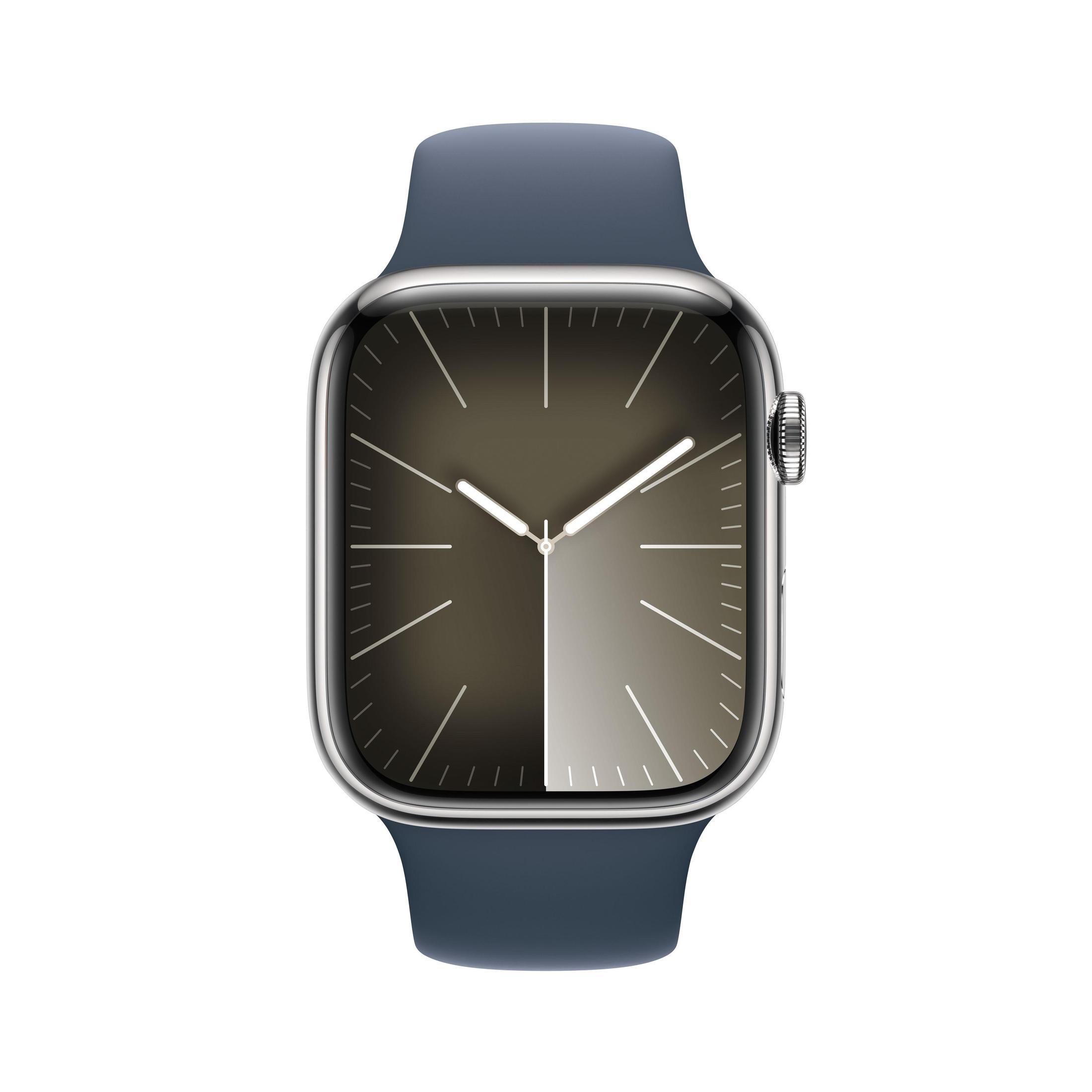 Apple Watch mit blauem Armband, Zifferblatt mit dunklem Farbverlauf und silberner Lünette.
