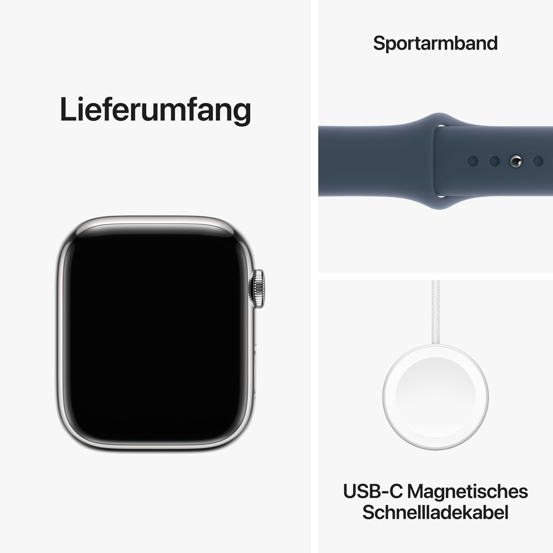 Silberne Apple Watch, blaues Sportarmband und Ladegerät. Text: Lieferumfang, Sportarmband und USB-C Magnetisches Schnellladekabel.