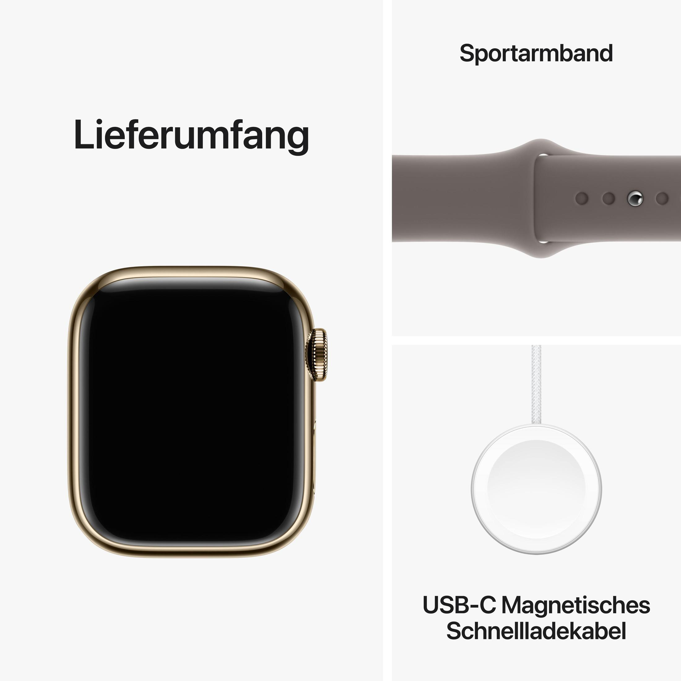Apple Watch, Goldgehäuse mit schwarzem Bildschirm, Sportarmband, Ladekabel und Armband.