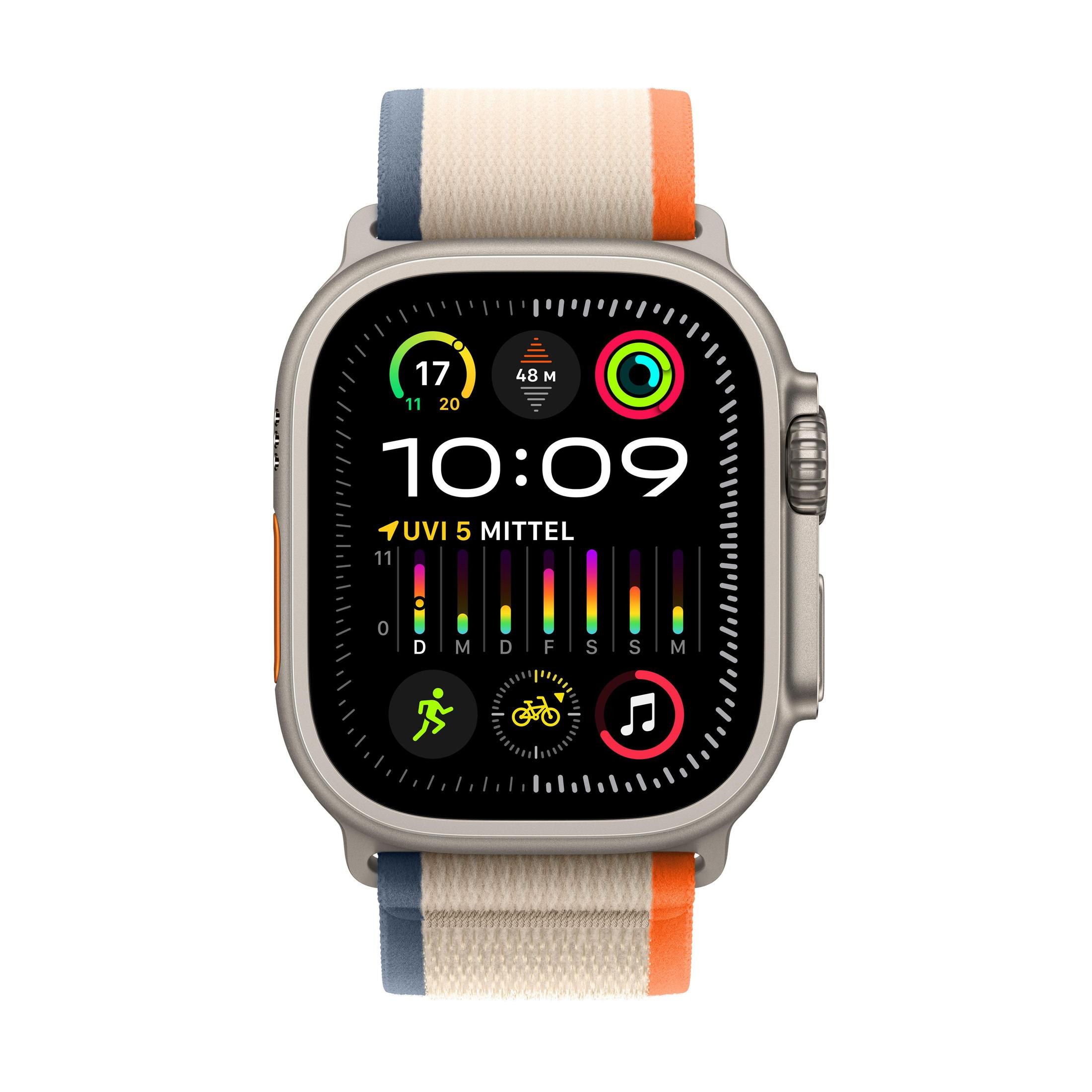 Apple Watch Ultra mit mehrfarbigem Armband, zeigt Zeit und Metriken.