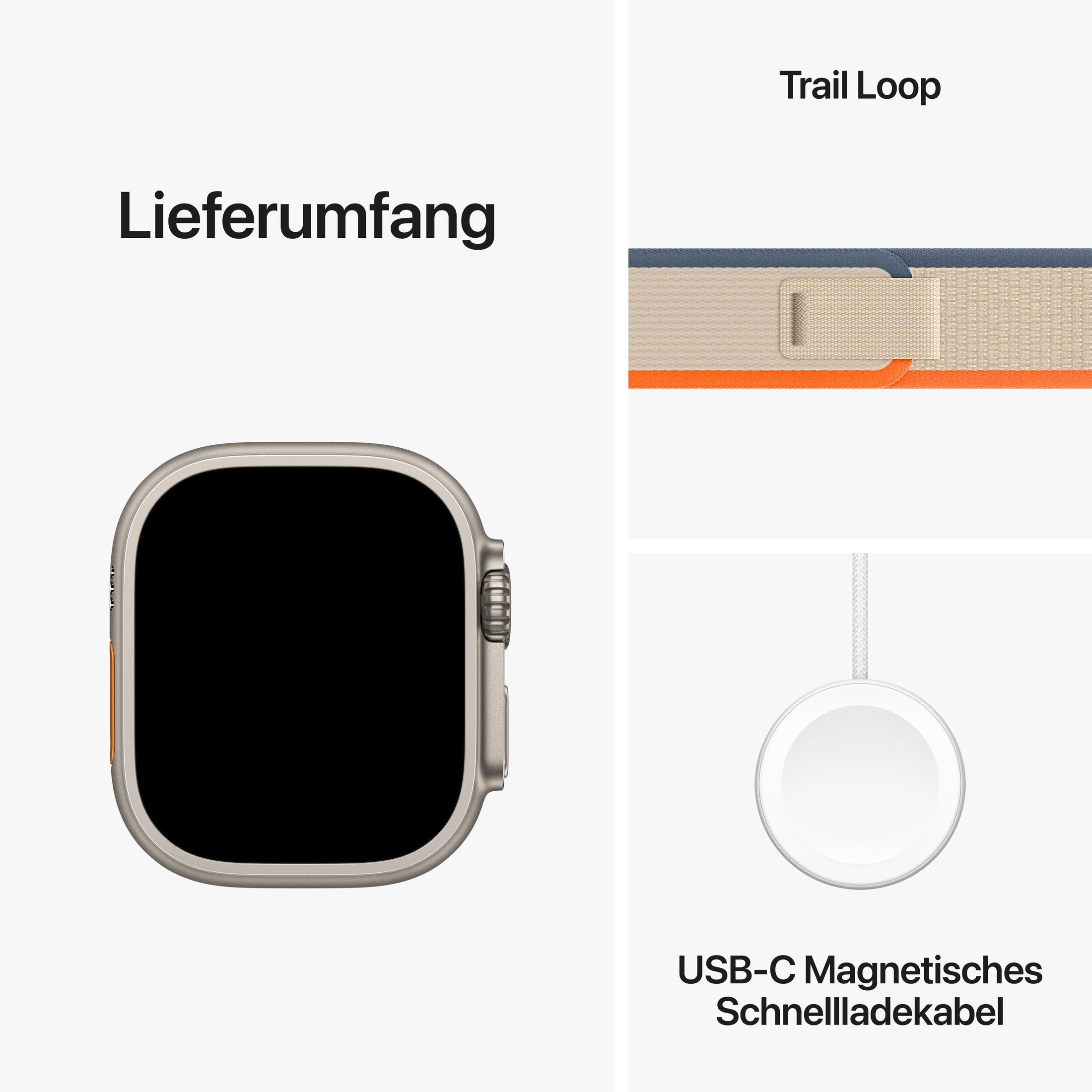 Eine Apple Watch mit schwarzem Bildschirm, Ladekabel und Trail Loop Armband. Der Text 'Lieferumfang' ist sichtbar.