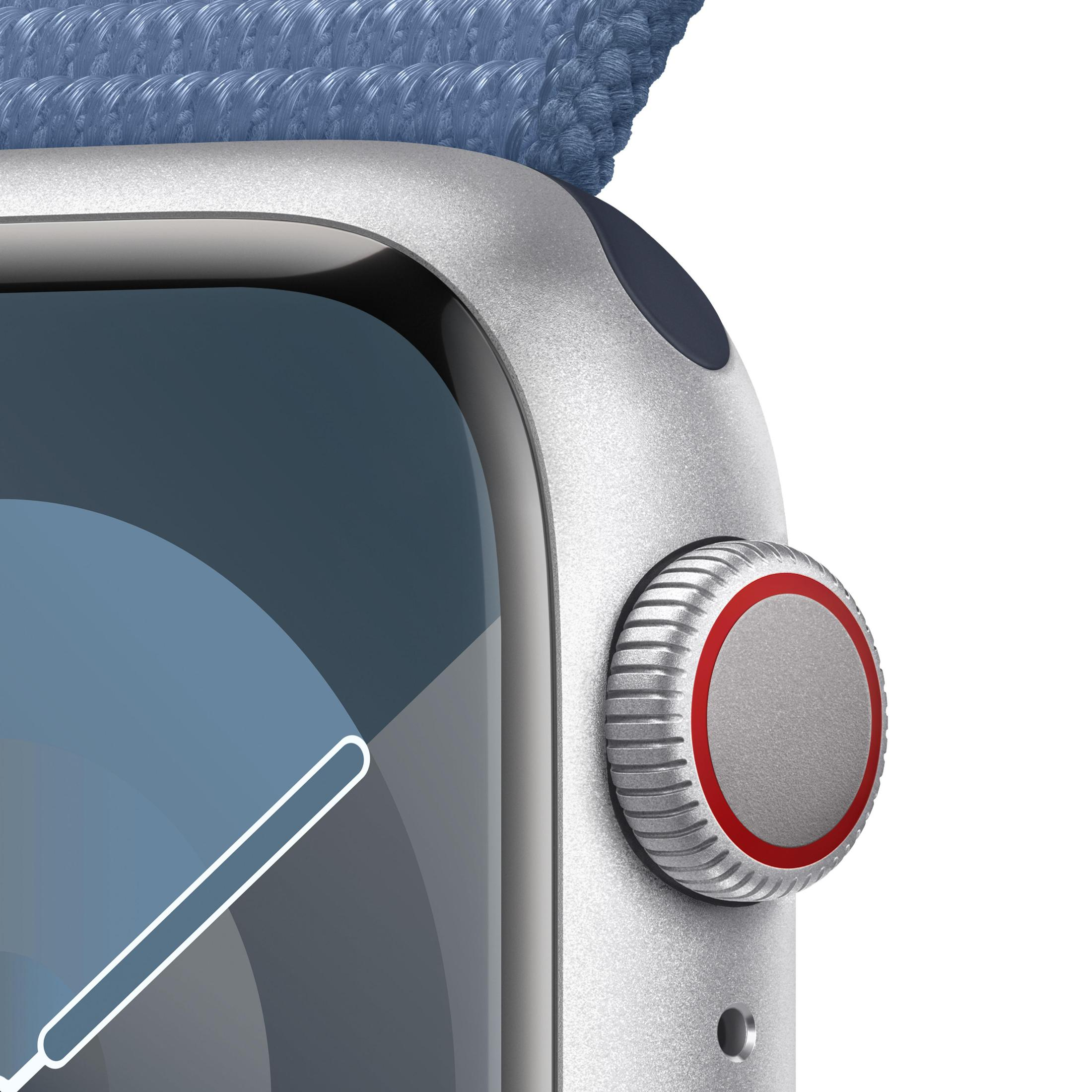 Nahaufnahme einer silbernen Smartwatch. Der Bildschirm ist eingeschaltet mit blauem Hintergrund und blauem Band.