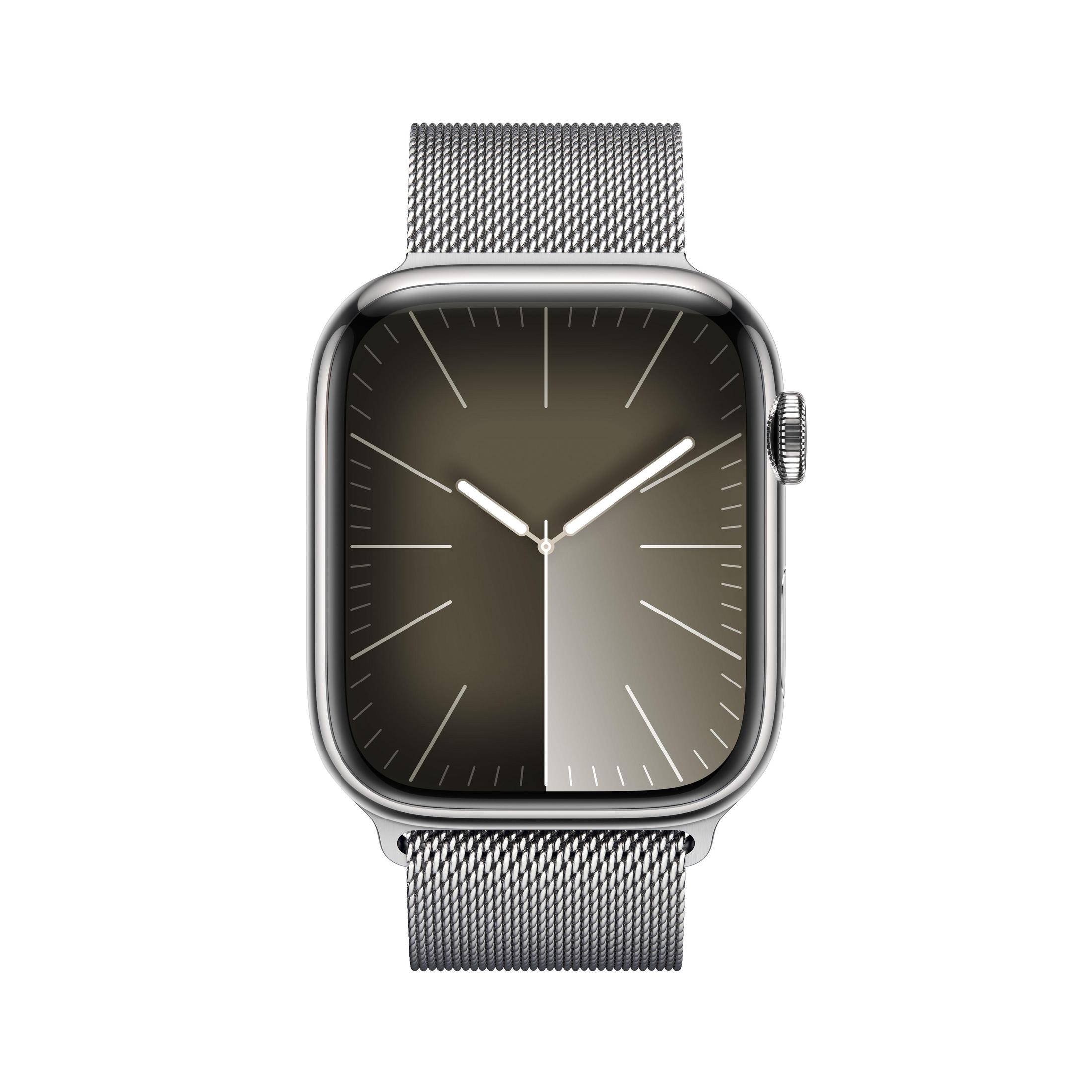 Eine silberne Smartwatch mit quadratischem Zifferblatt und Metallband, die die Uhrzeit anzeigt, auf weißem Hintergrund.