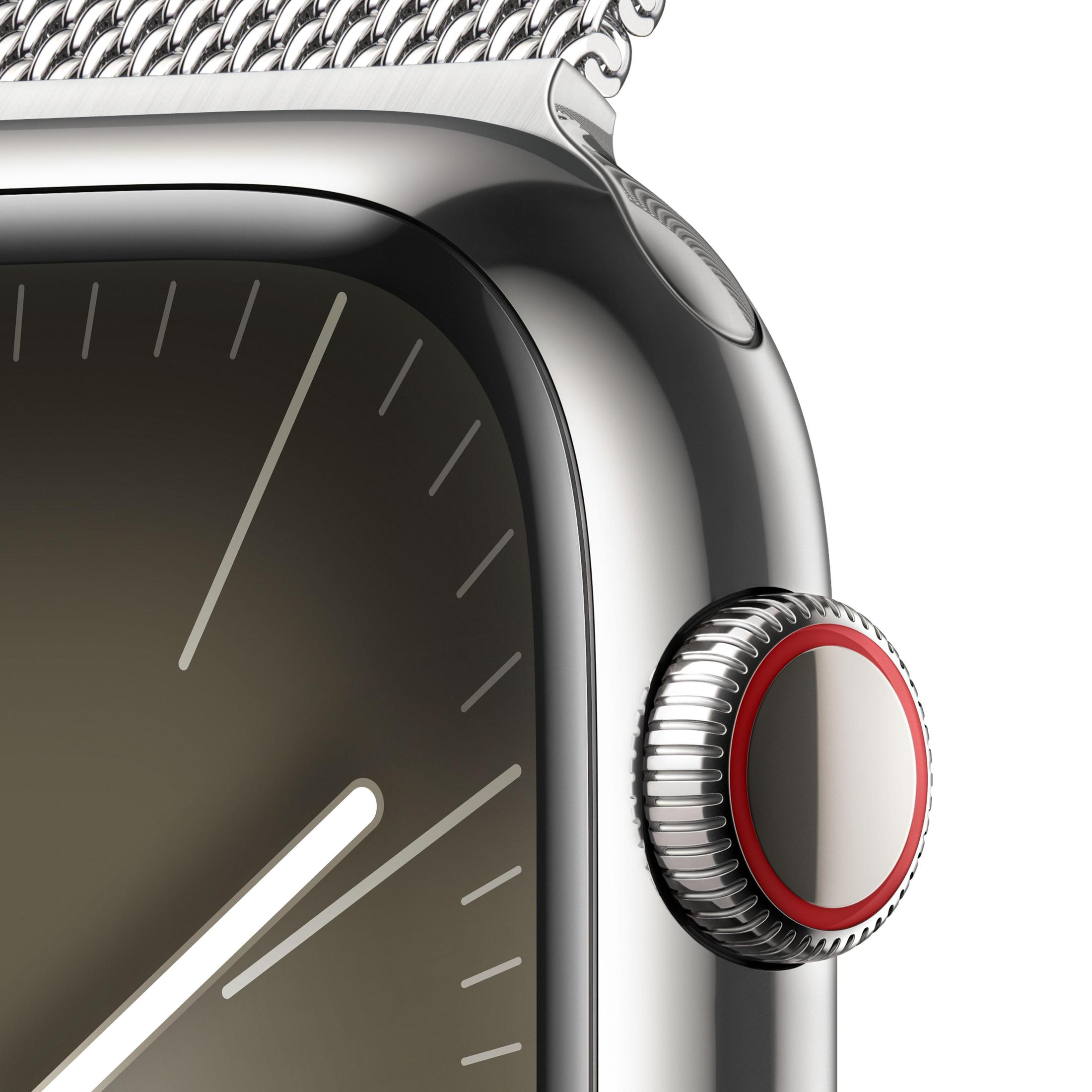 Nahaufnahme einer silbernen Smartwatch. Schwarzes Zifferblatt, Seitentaste mit rotem Ring. Weißer Hintergrund.