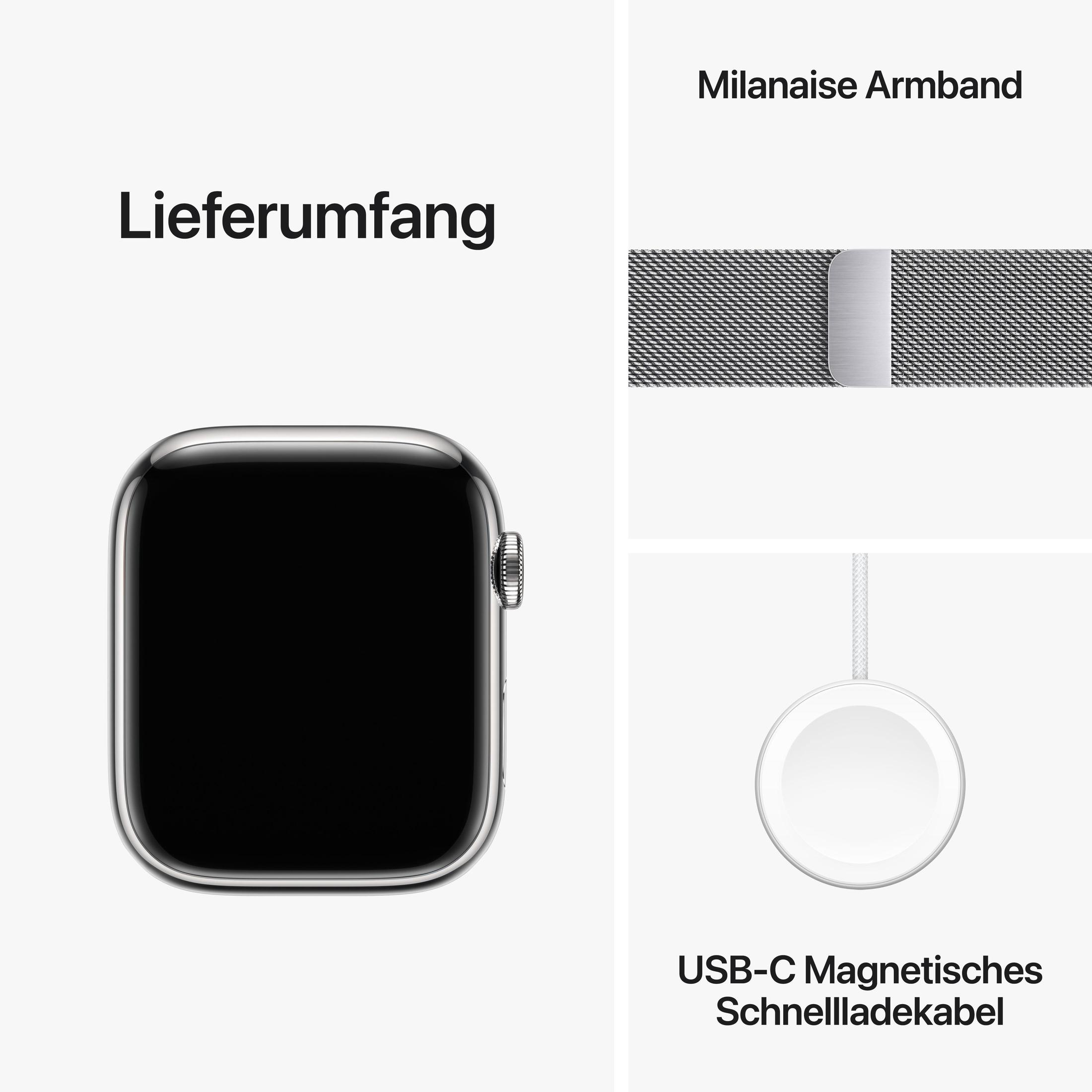Apple Watch, schwarz mit Ladegerät und Mailänder Armband. Weißer Hintergrund mit Text.
