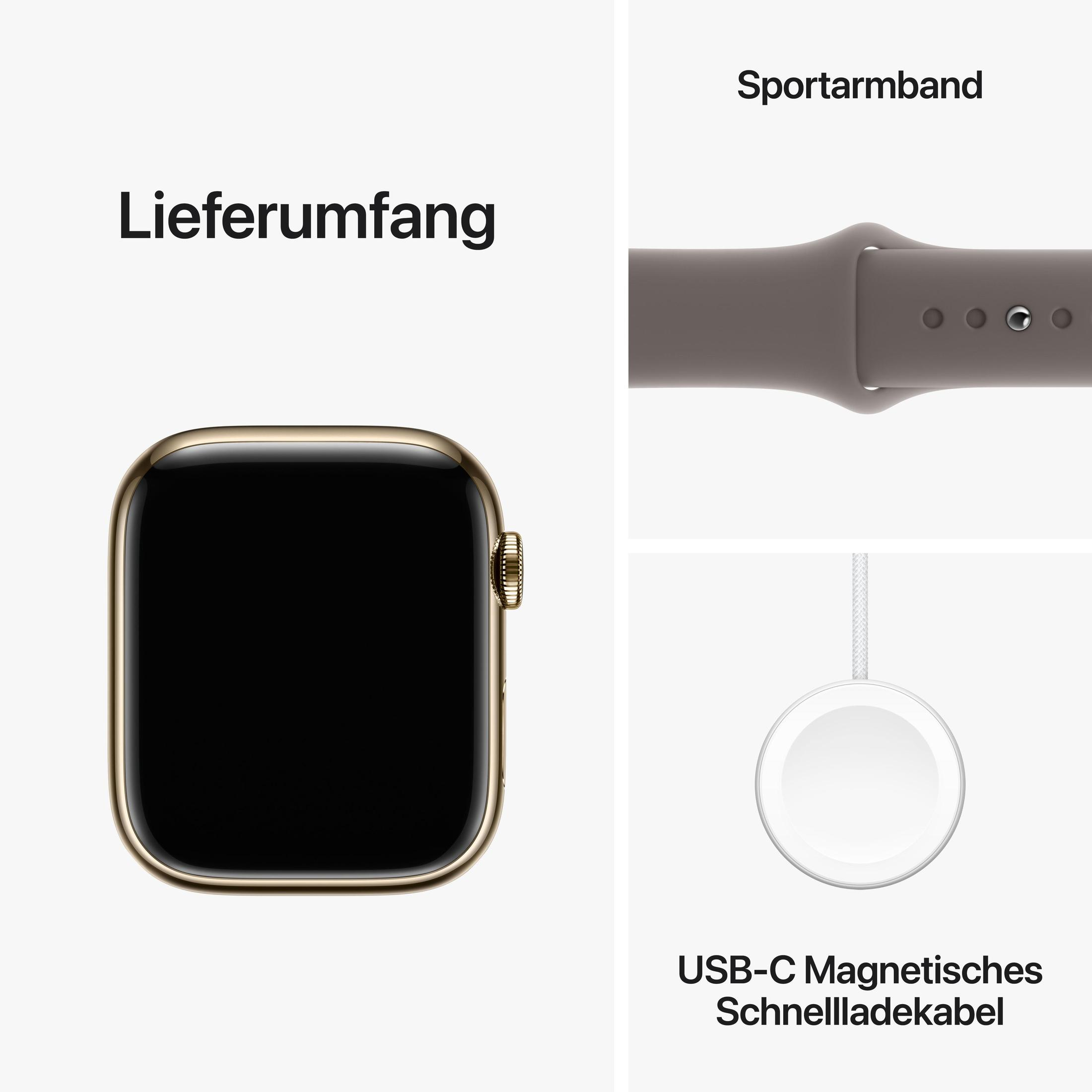 Apple Watch, gold, mit Ladekabel und Sportarmband.