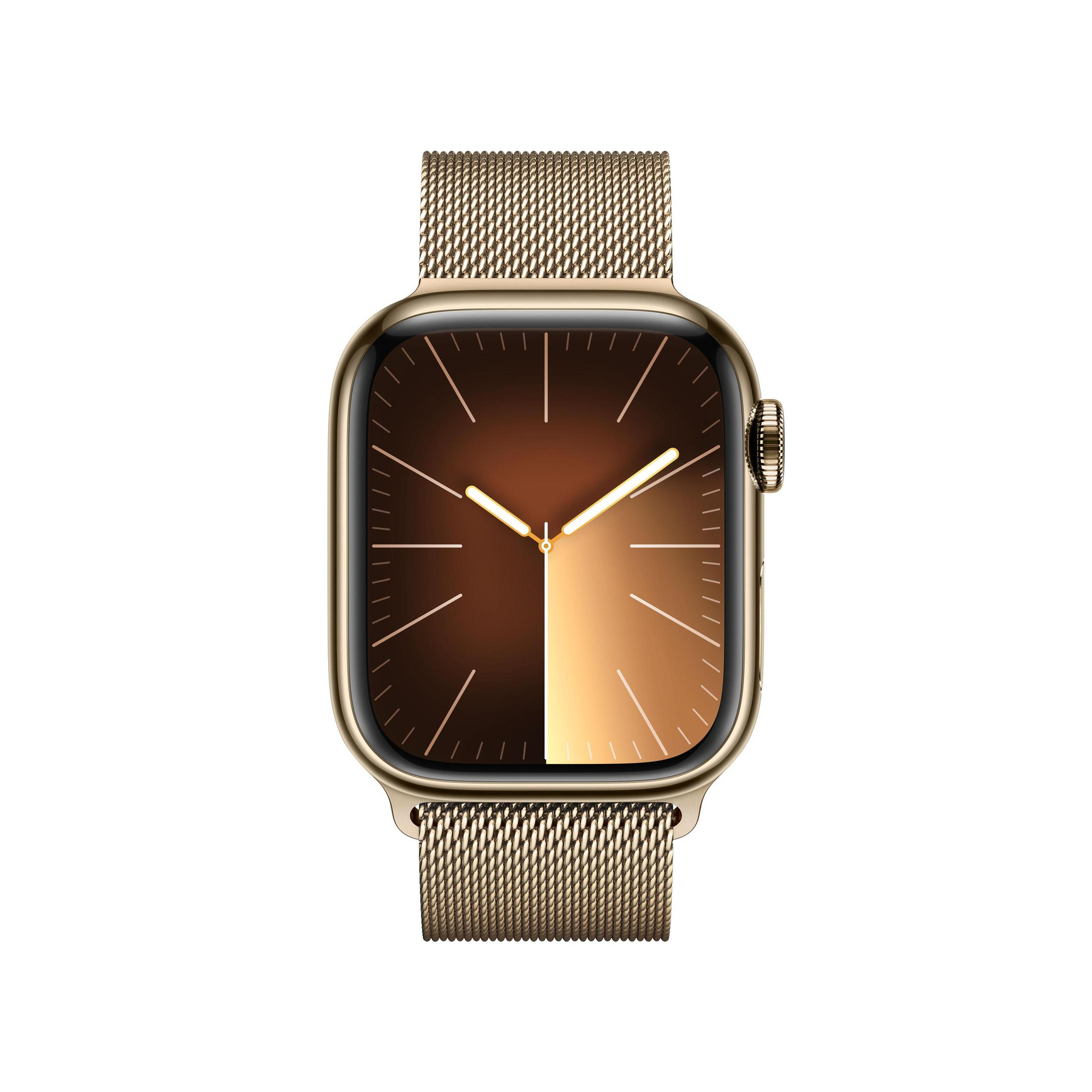 Eine goldene Apple Watch mit einem goldenen Mesh-Armband. Das Zifferblatt zeigt einen Farbverlauf aus Braun und Gold.