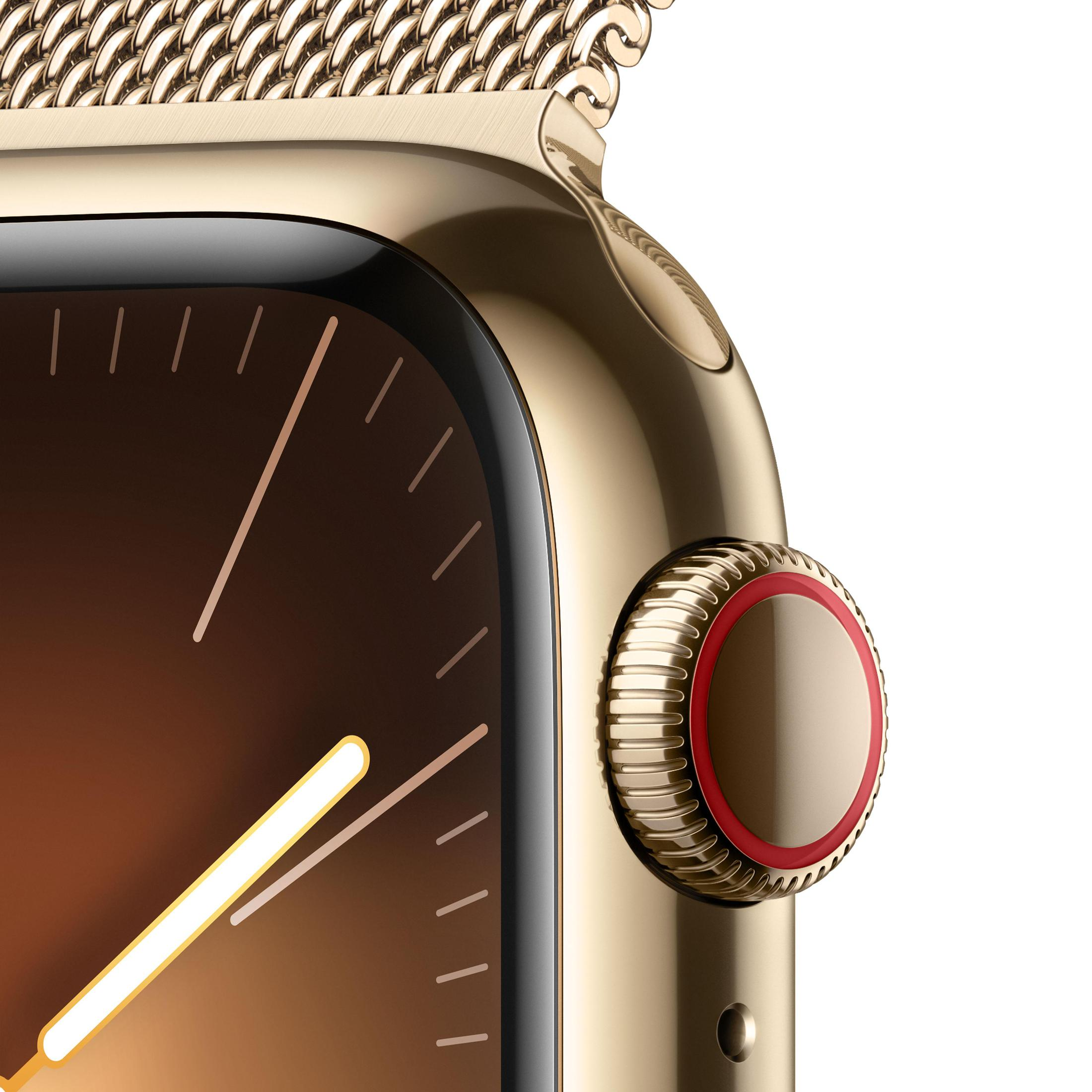 Nahaufnahme einer goldenen Apple Watch. Zeigt den Bildschirm mit goldenem Design und die Seitentaste mit roten Akzenten.