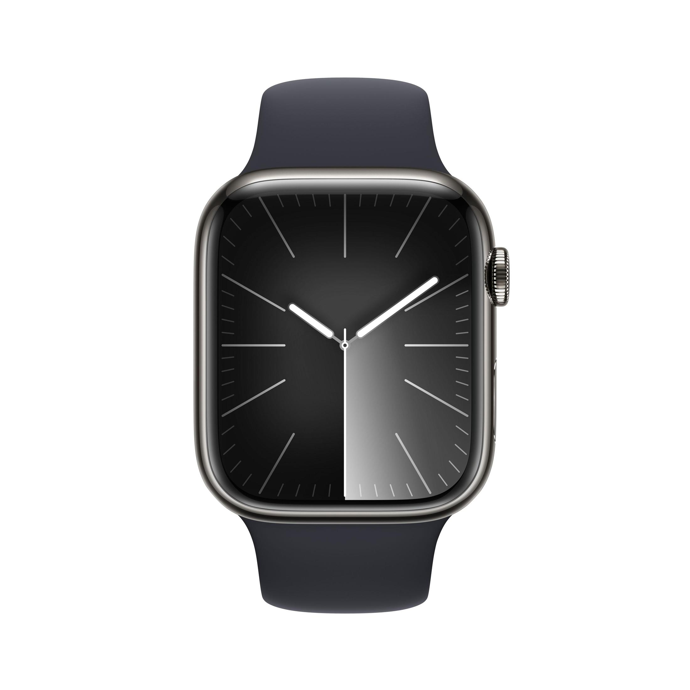 Silberne Apple Watch mit schwarzem Zifferblatt, auf weißem Hintergrund.