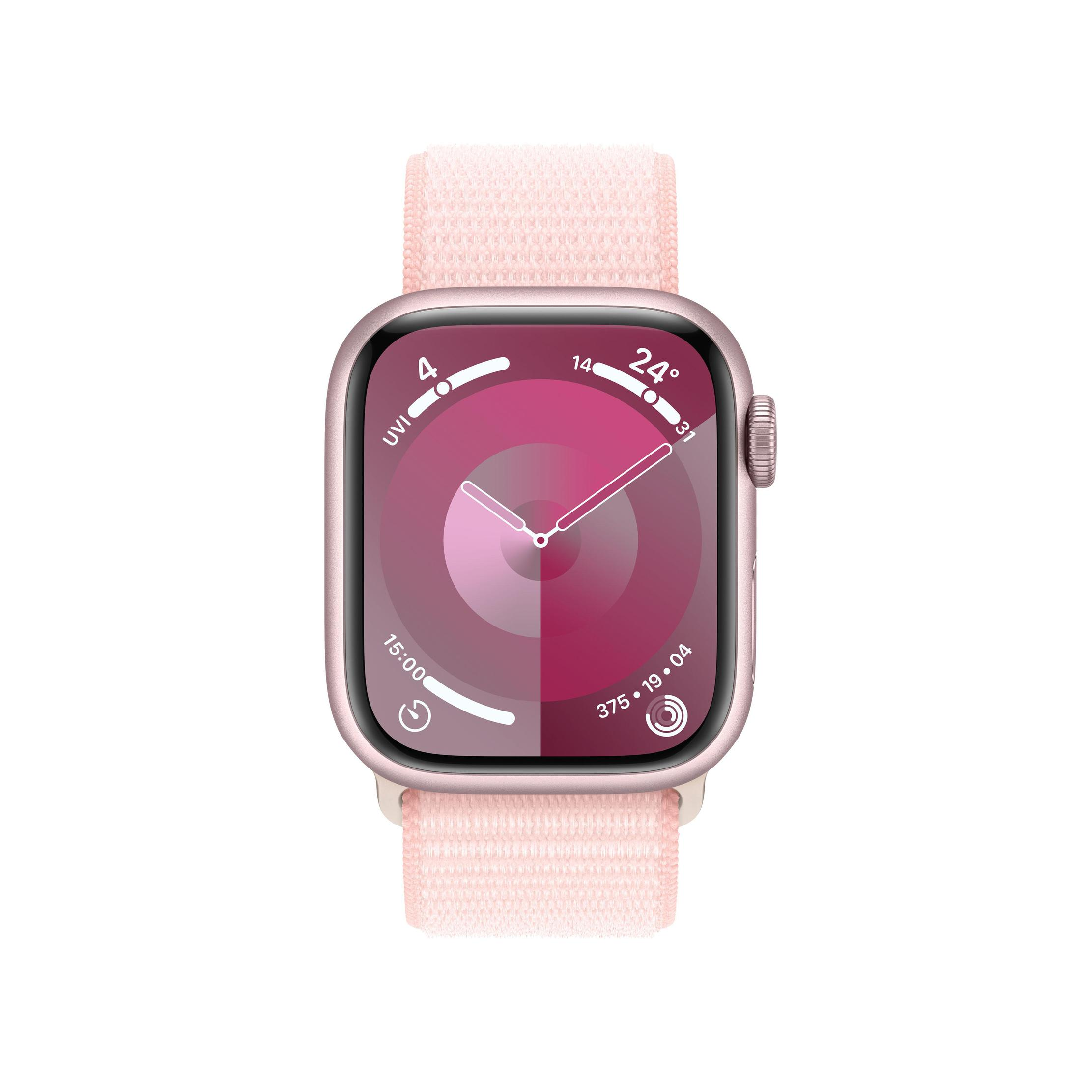Apple Watch mit rosa Armband. Das Zifferblatt zeigt die Uhrzeit und Daten an.