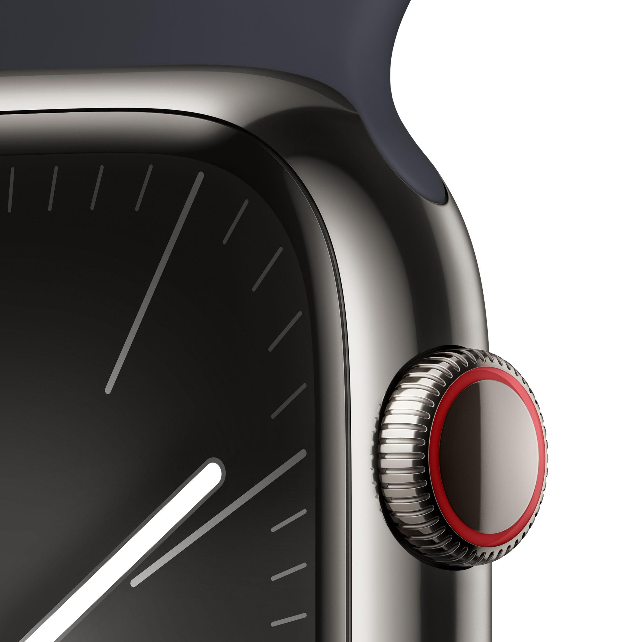 Nahaufnahme einer dunkelgrauen Uhr mit schwarzem Zifferblatt. Die Seite hat ein rot akzentuiertes Zifferblatt und ein blaues Armband.