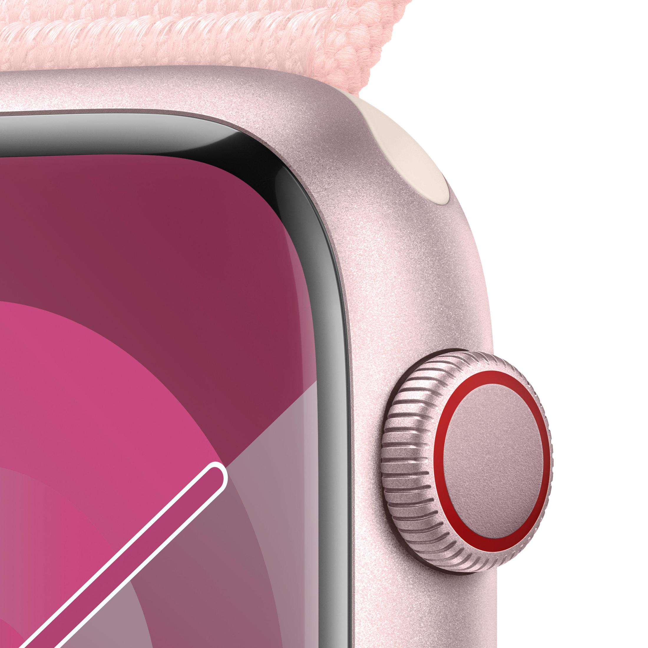 Nahaufnahme einer roségoldenen Apple Watch, die die Seite mit der digitalen Krone und einem Armband zeigt.