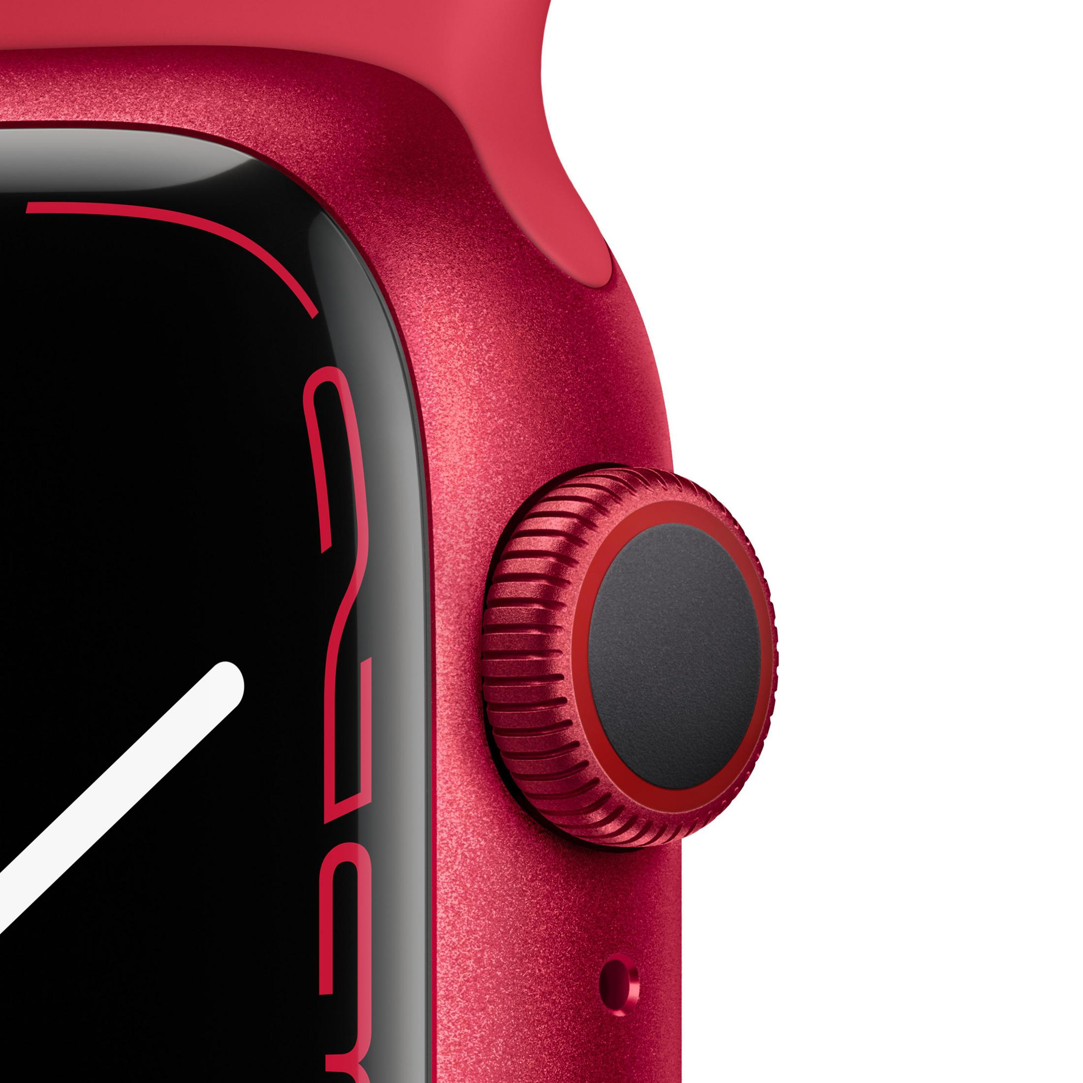 Nahaufnahme einer roten Apple Watch mit schwarzem Bildschirm und Seitentaste.