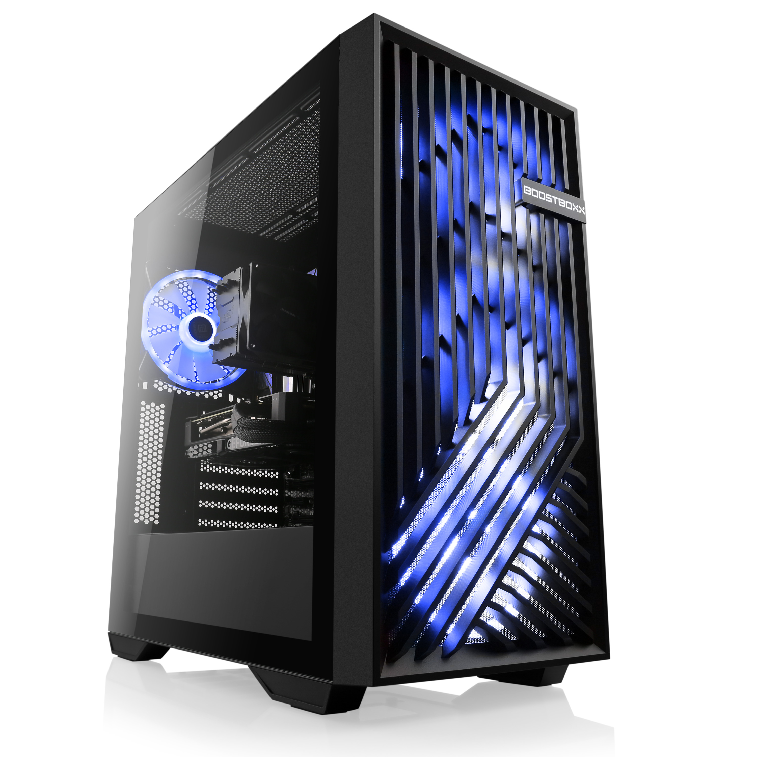 Schwarzer Computerturm mit blauer Innenbeleuchtung, freigestellt auf Weiß.