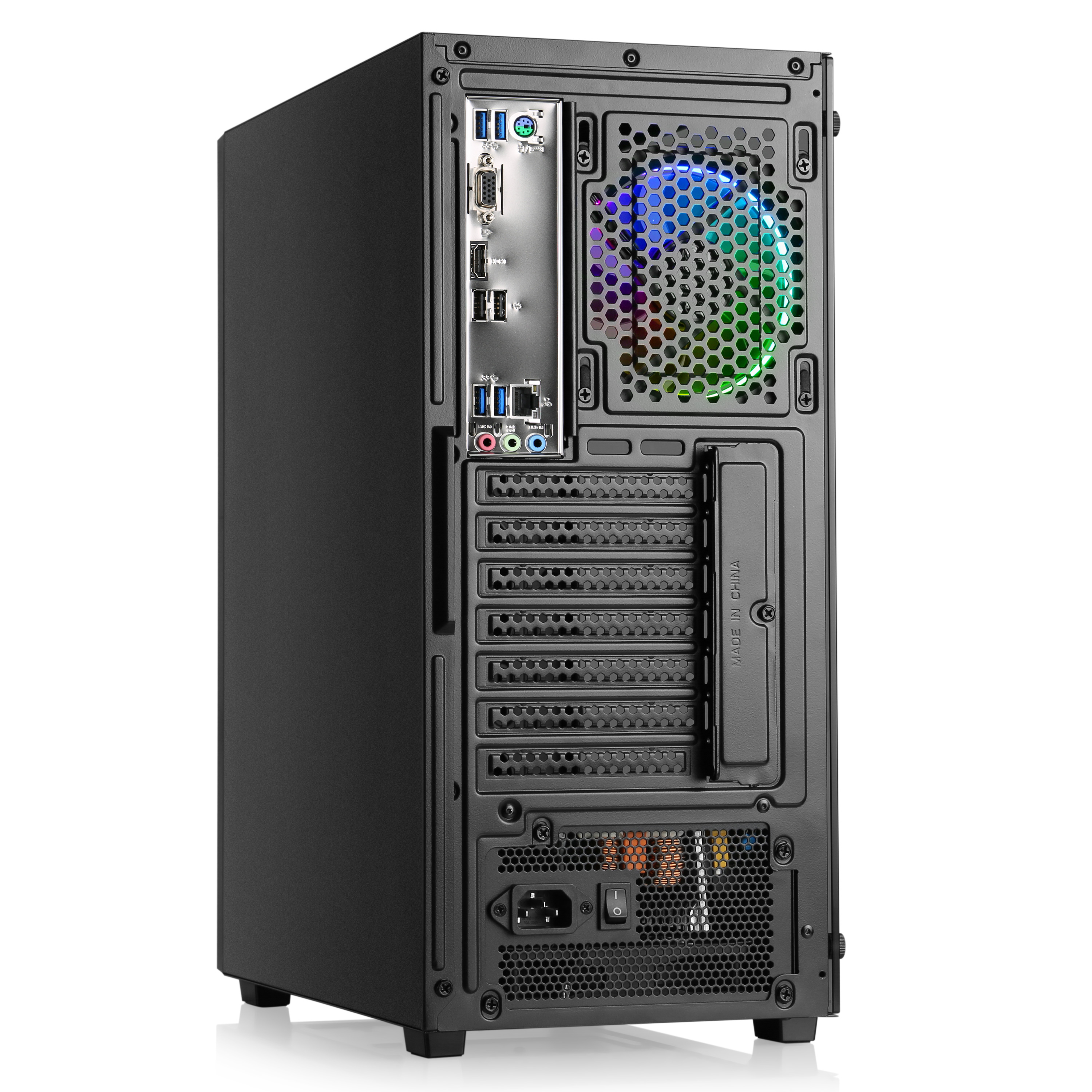 Rückseite eines schwarzen Computerturms mit Anschlüssen, einem Lüfter und einem Netzteil.