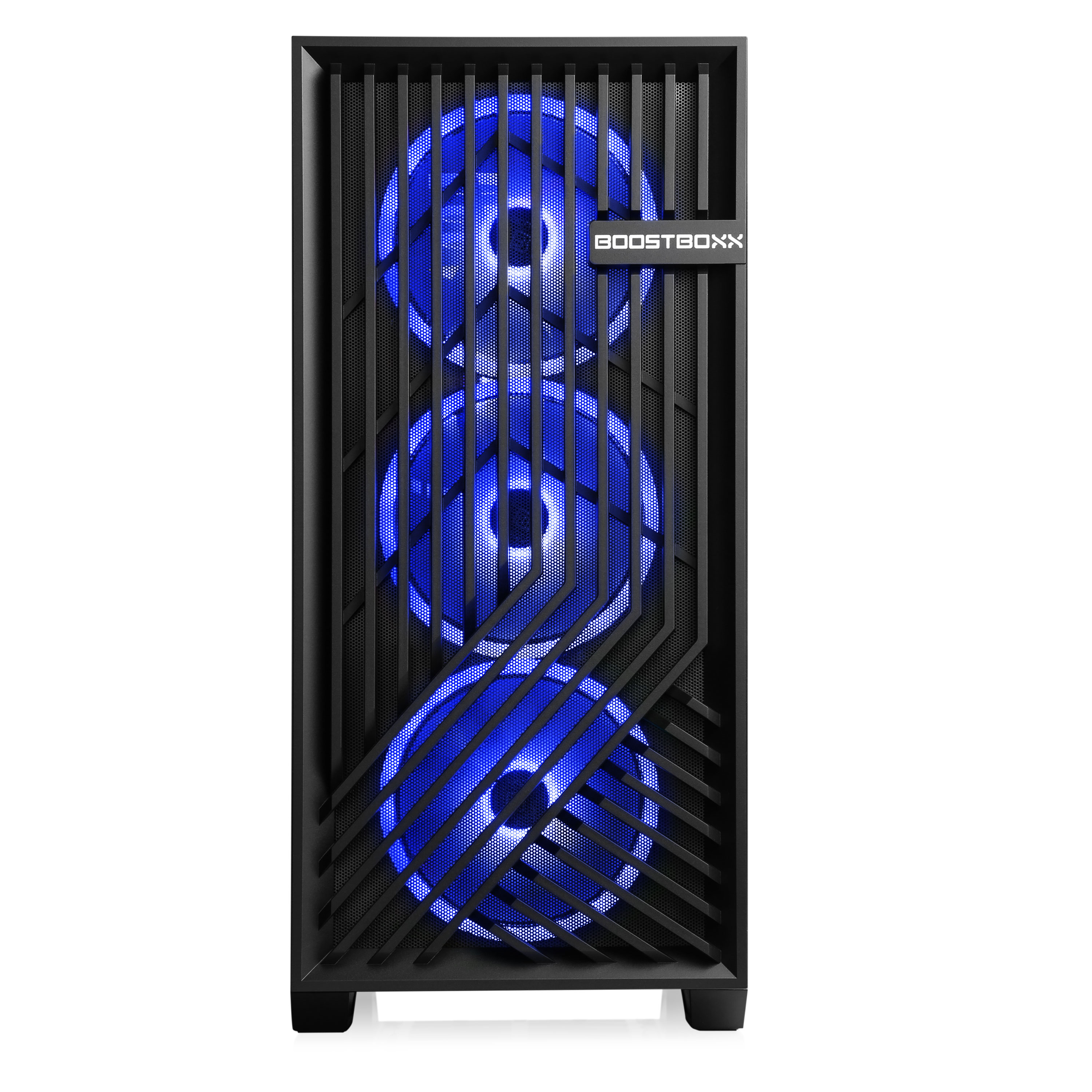 Schwarzes Computergehäuse mit blauen Lüftern. Weißer Hintergrund.