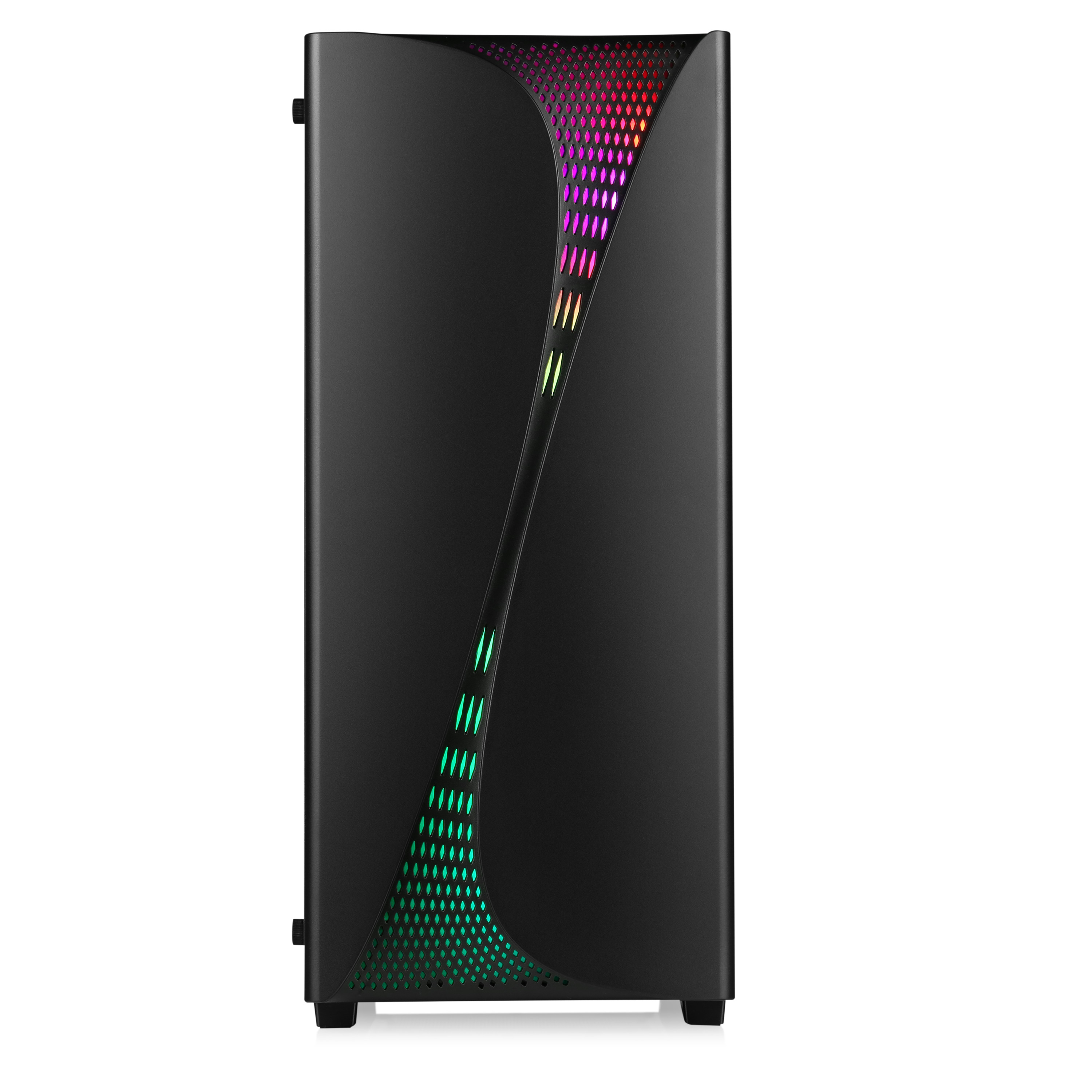 Schwarzes Computergehäuse mit farbigem Lichtmuster auf der Frontplatte.